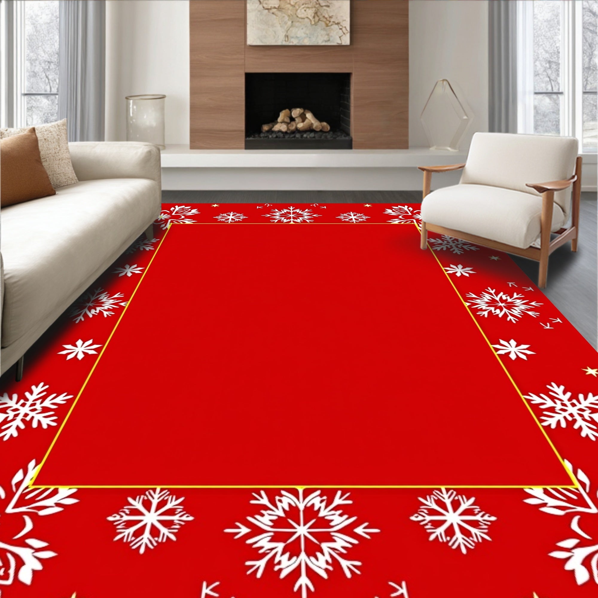 Red Snowflake Border Rug