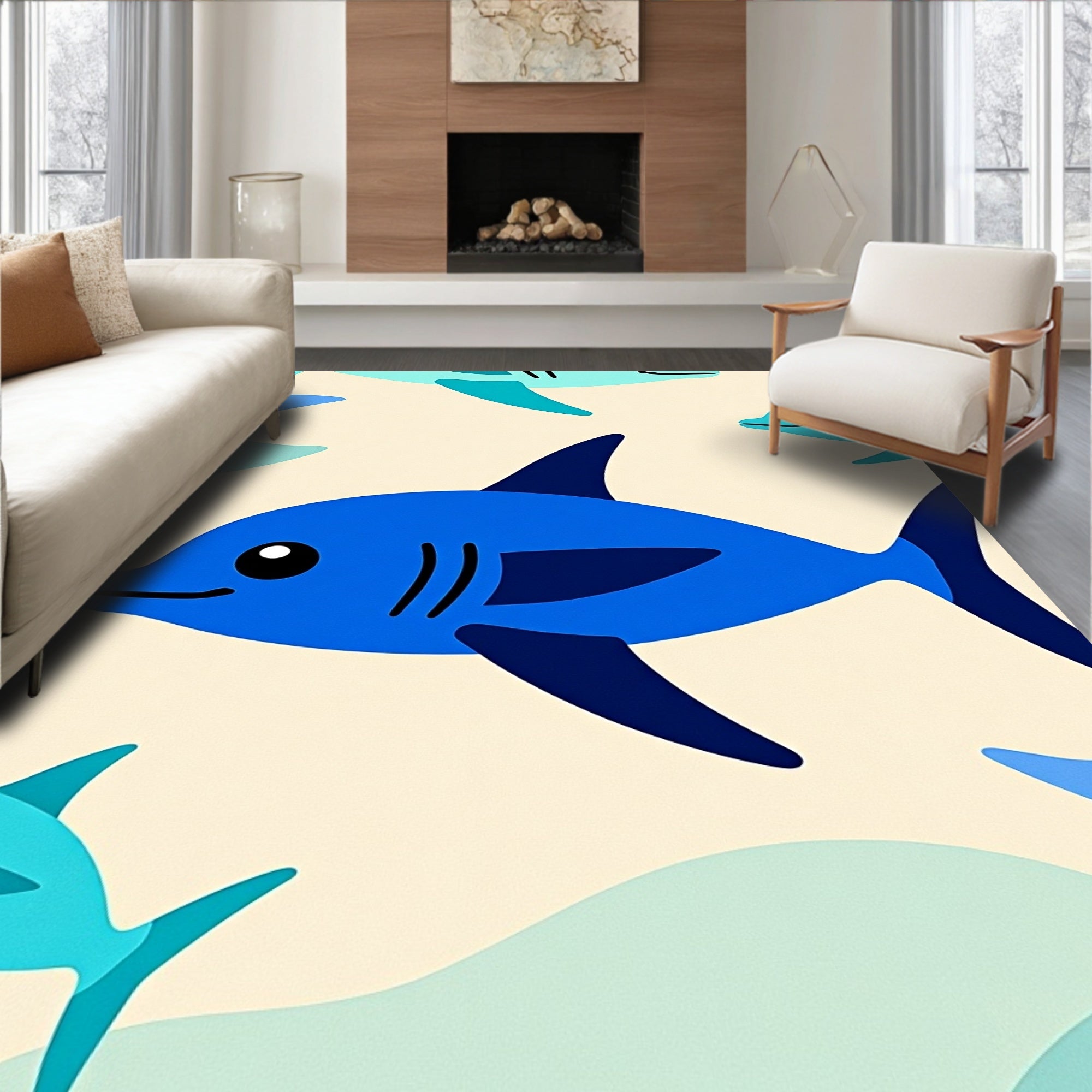Bright Blue Ocean Shark Play Rug