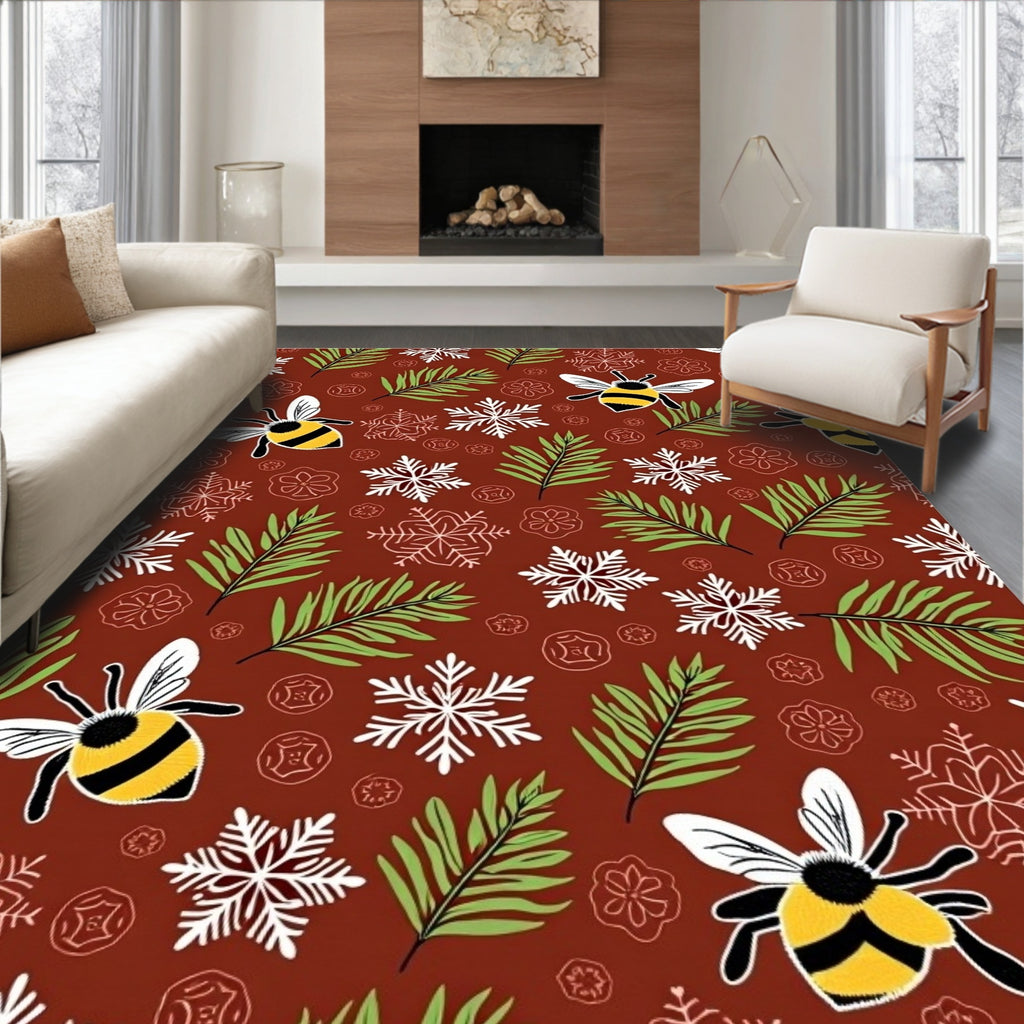 Brown Whimsical Bee Snowflake Forest Rug