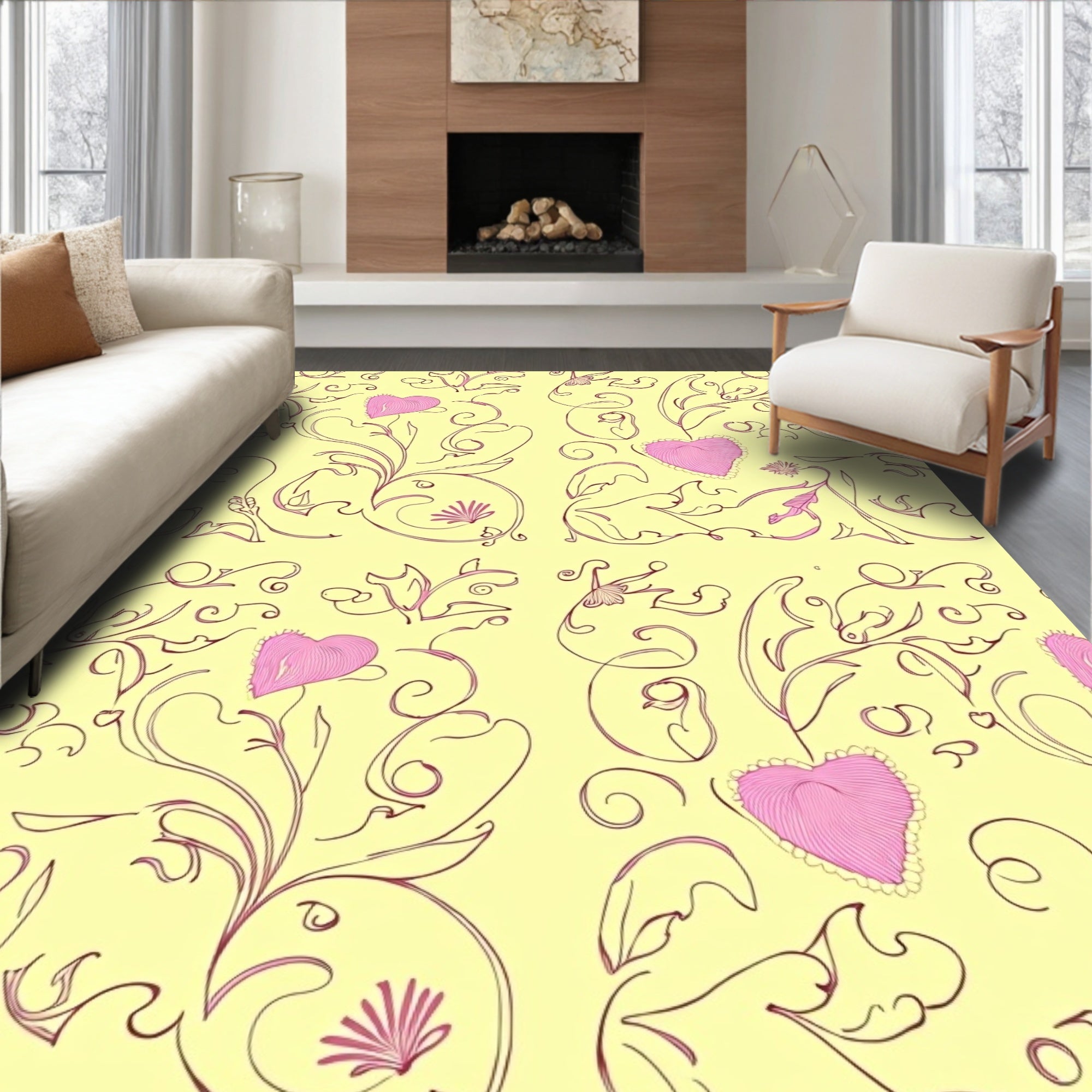 Whimsical Pink Heart Floral Garden Rug