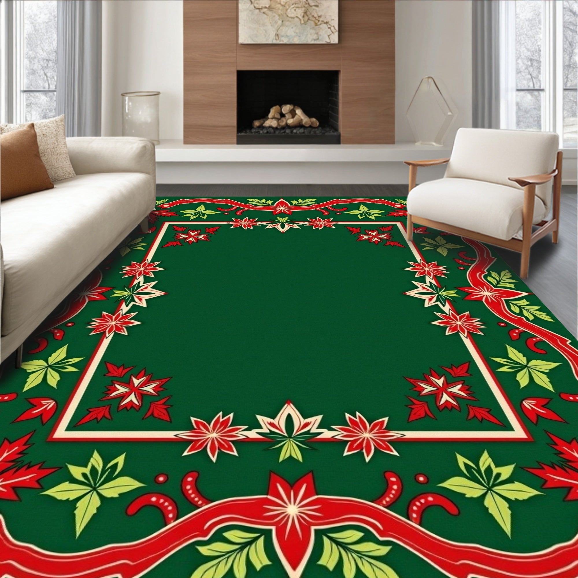 Festive Red Green Poinsettia Garland Rug