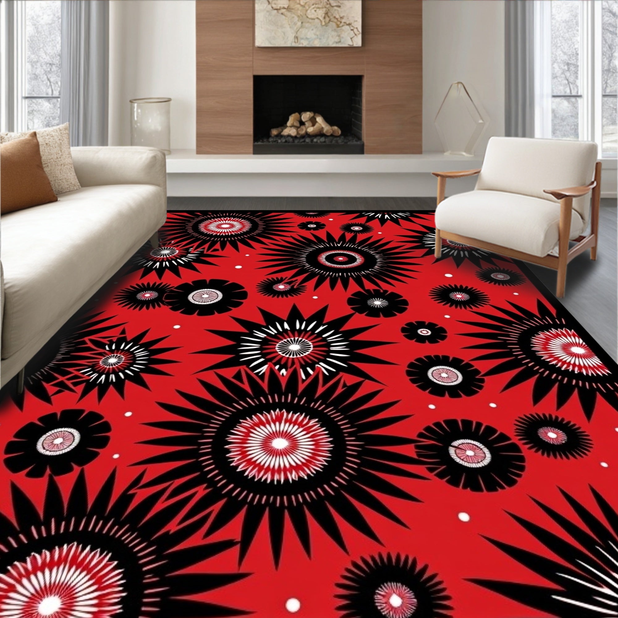 Red Black White Starburst Floral Rug