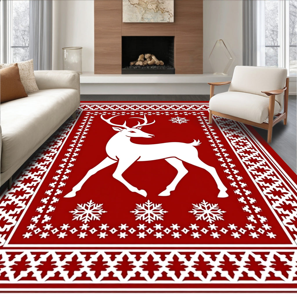 Crimson Deer Snowflake Folk Rug