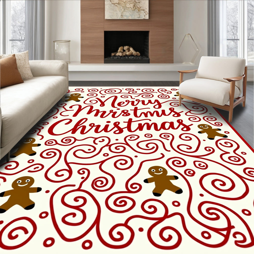 Red Swirl Gingerbread Man Christmas Collage Rug
