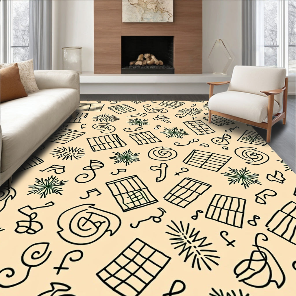 Whimsical Black Line Starburst Squares Rug