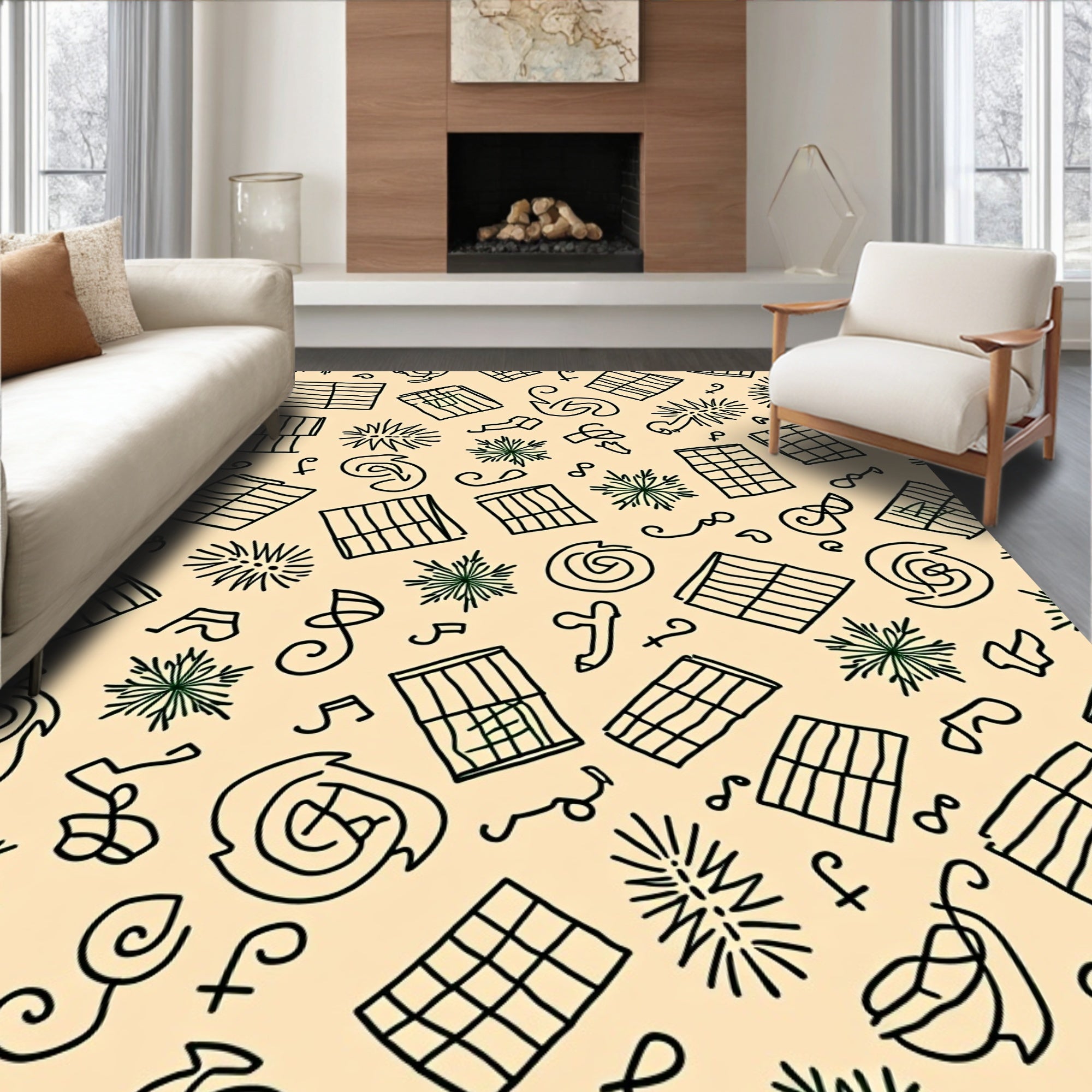 Whimsical Black Line Starburst Squares Rug