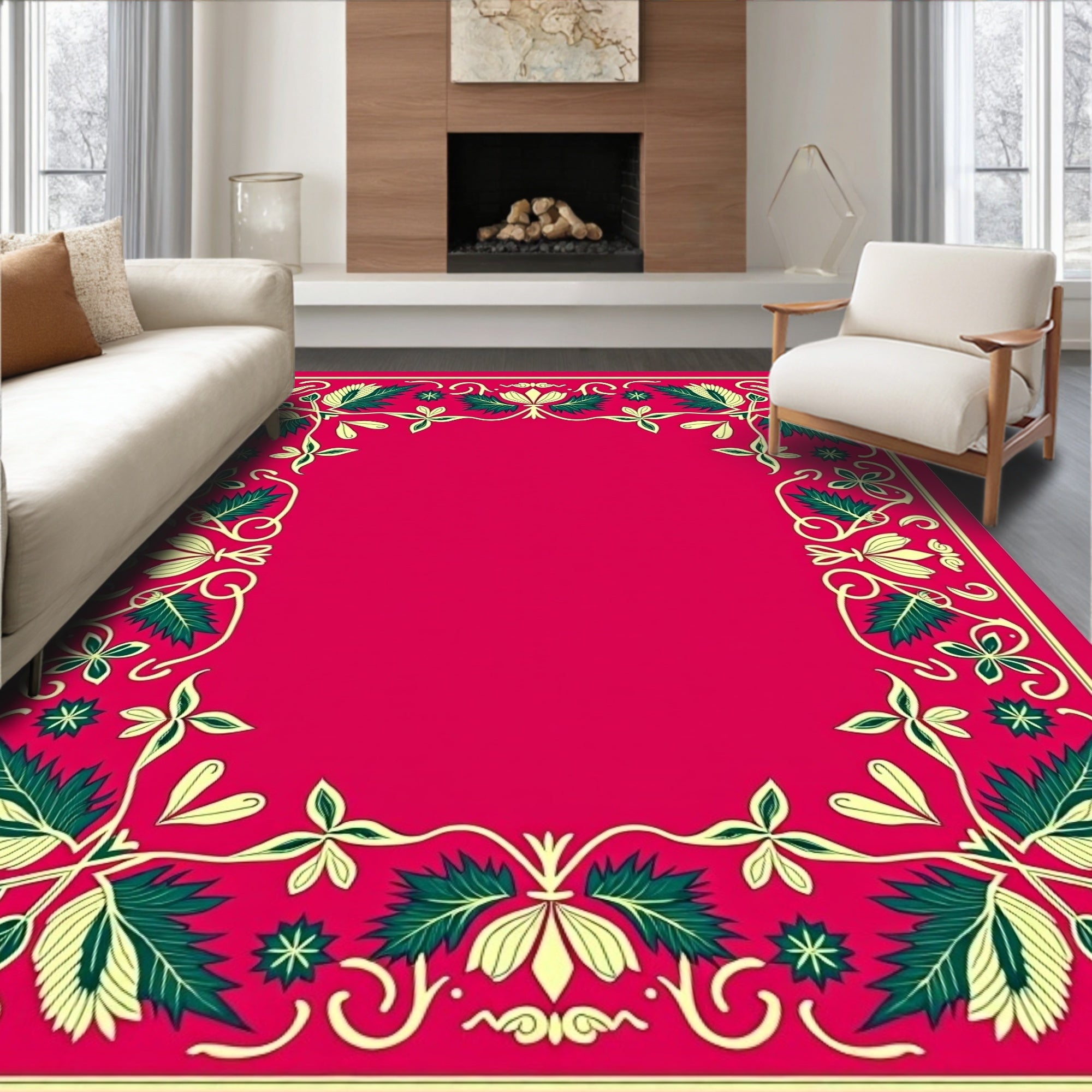 Ornate Crimson Floral Vine Border Rug