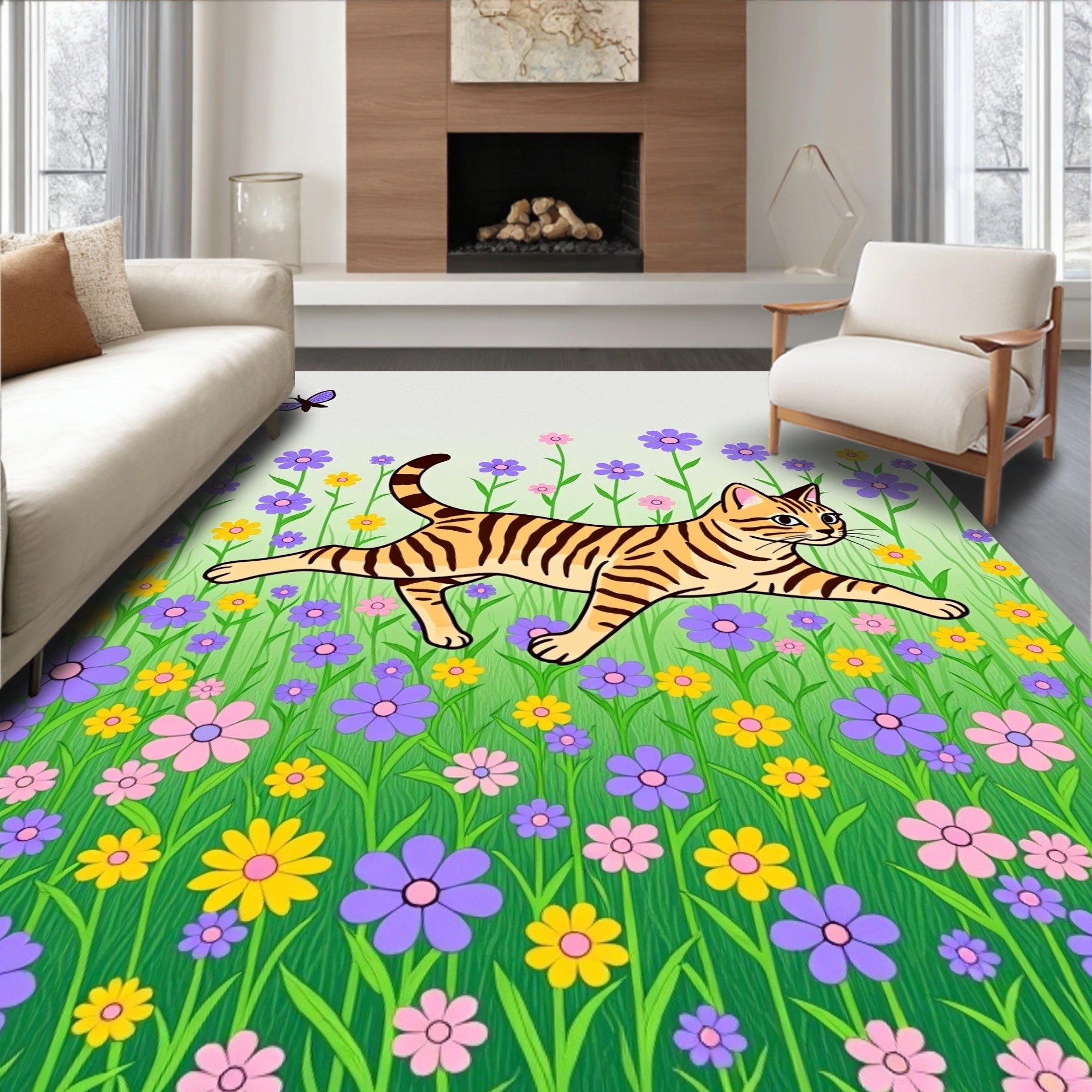 Whimsical Tiger Butterfly Meadow Flowers Rug