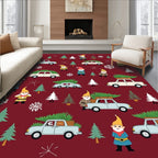 Festive Red Gnomes Tree Car Snowflakes Rug