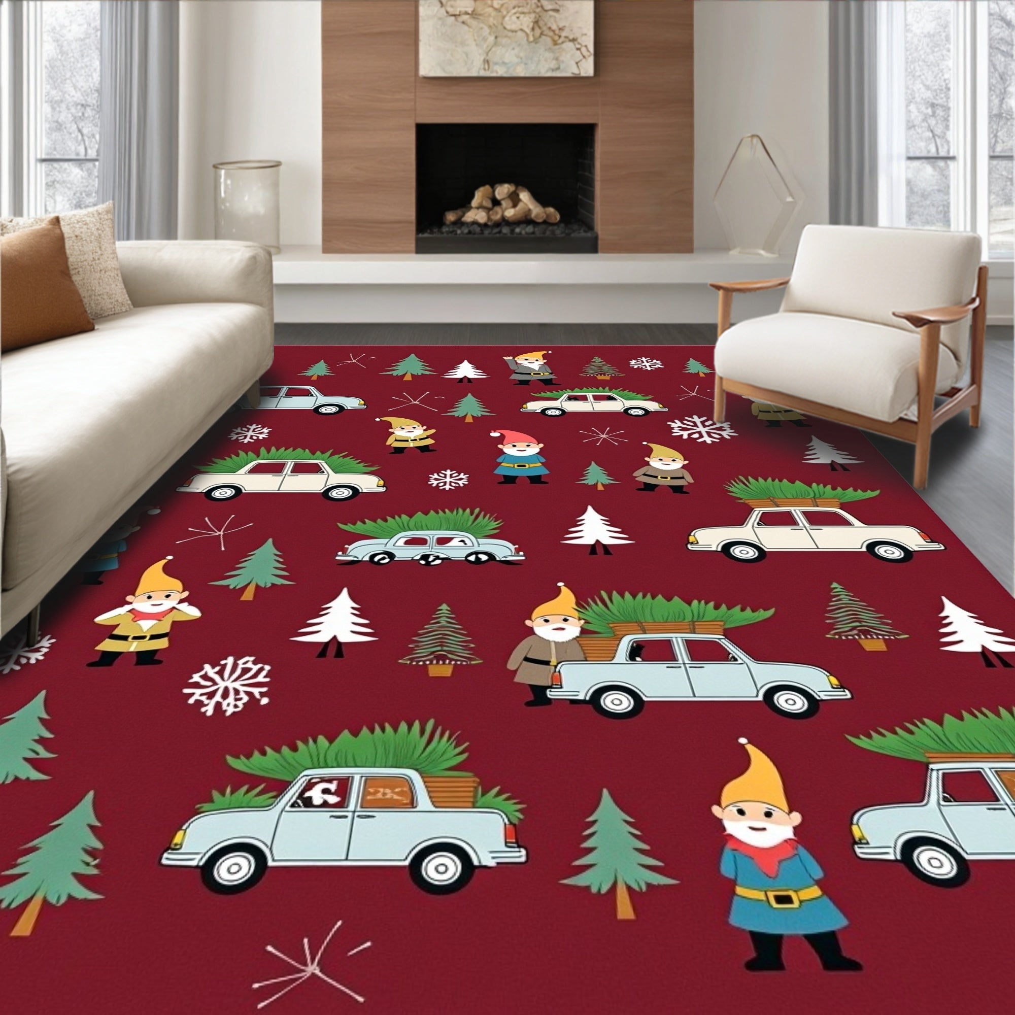Festive Red Gnomes Tree Car Snowflakes Rug