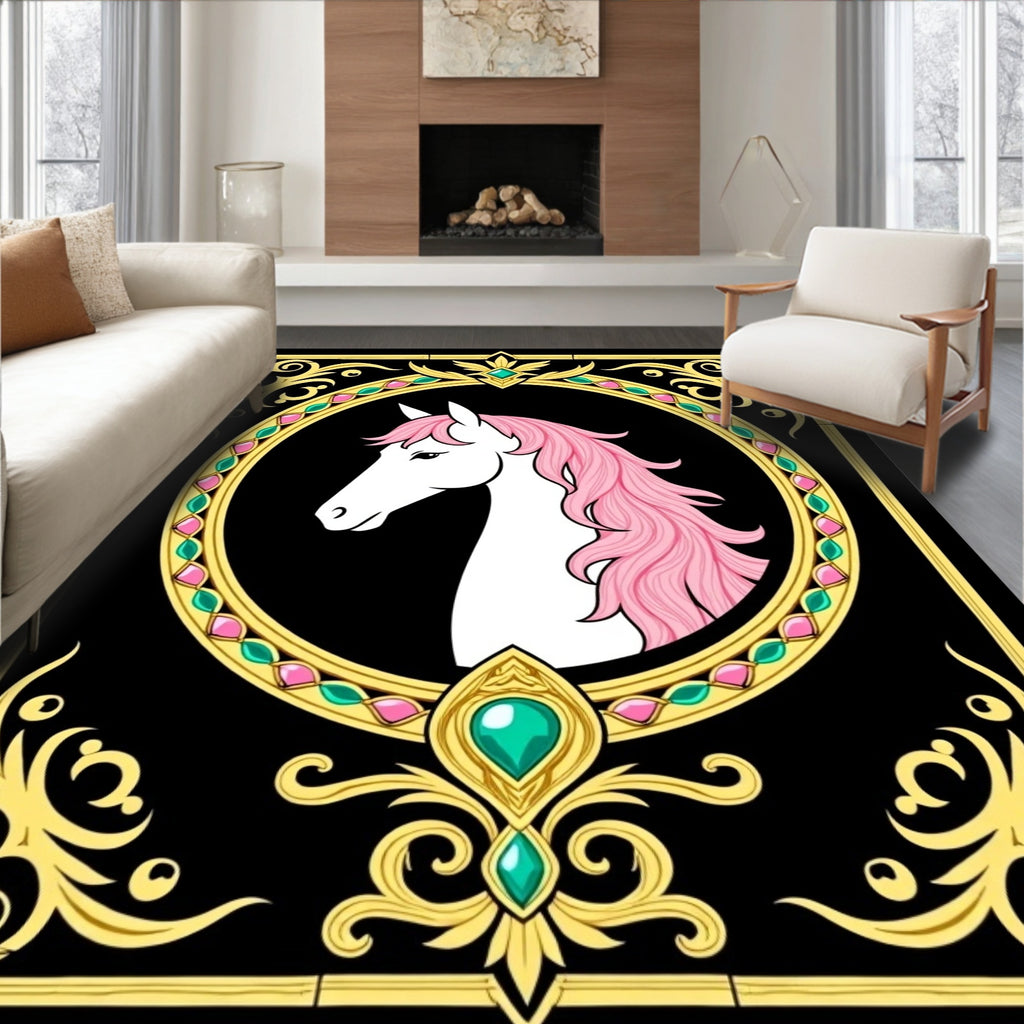 Elegant White Unicorn Pink Mane Medallion Rug