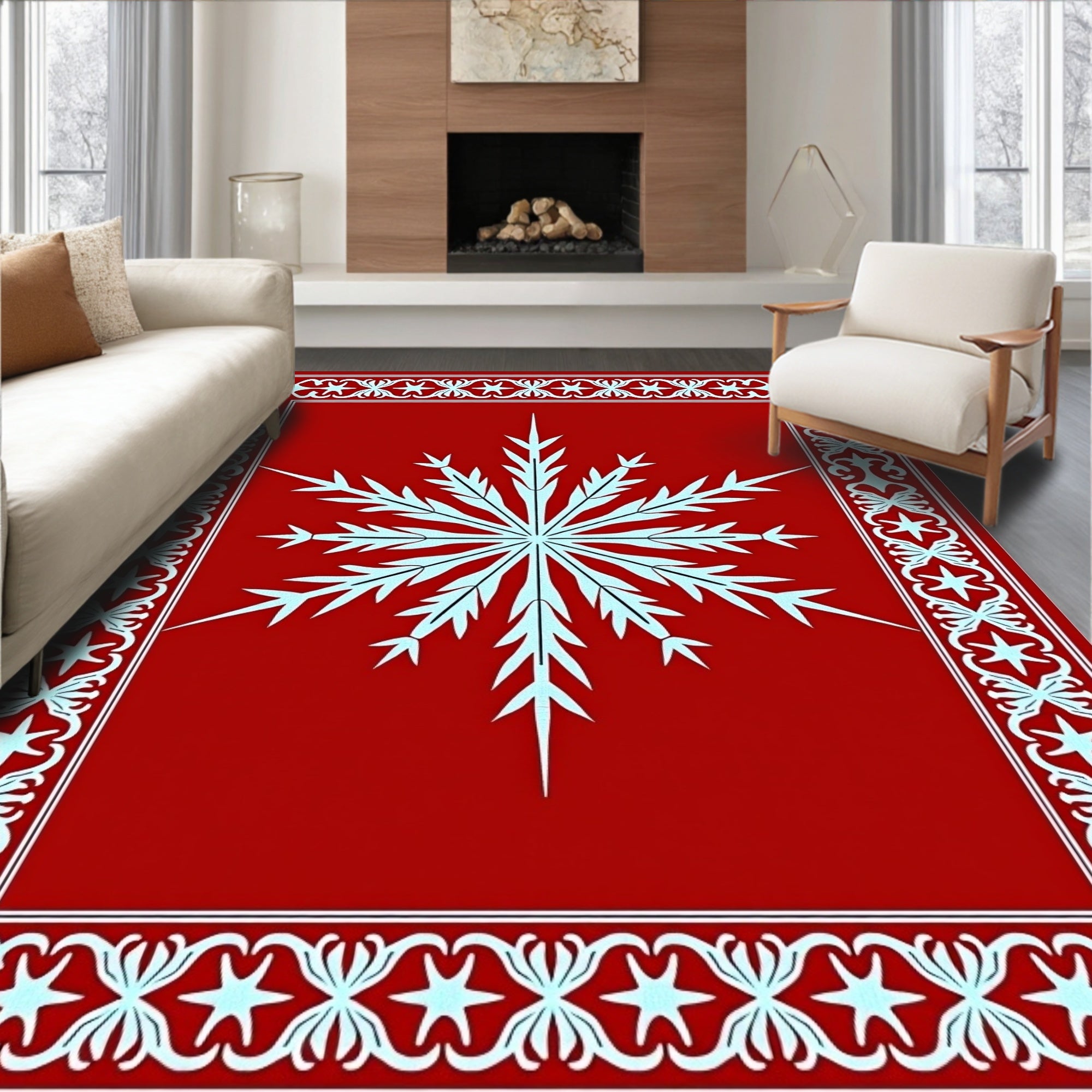 Crimson Snowflake Festive Border Rug