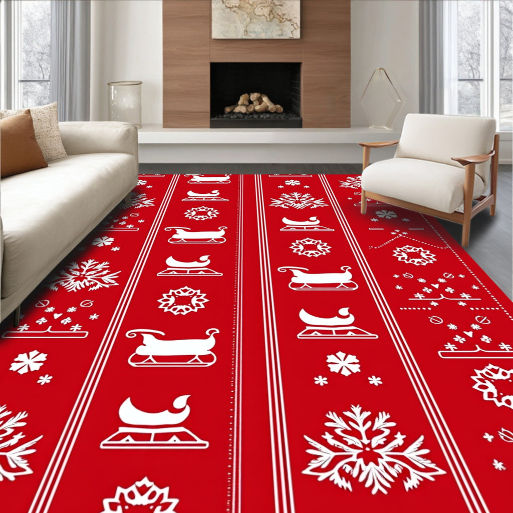 Red White Christmas Sleigh Snowflakes Rug