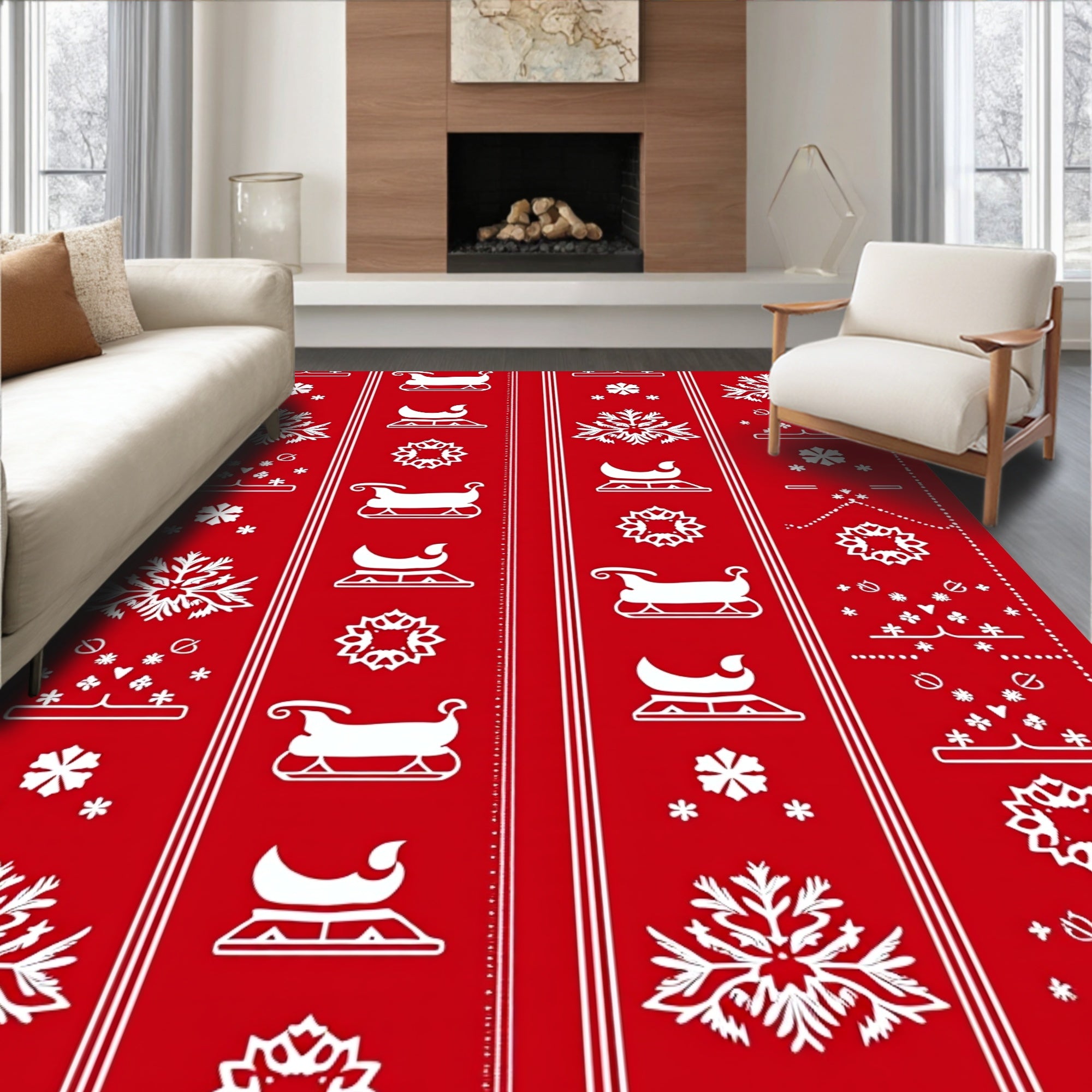 Red White Christmas Sleigh Snowflakes Rug