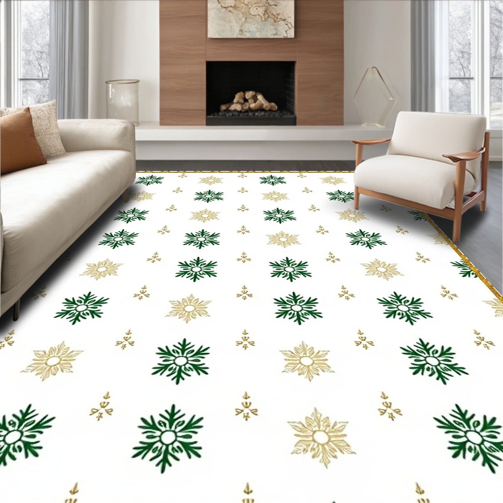 Green Gold Snowflake Scatter Rug