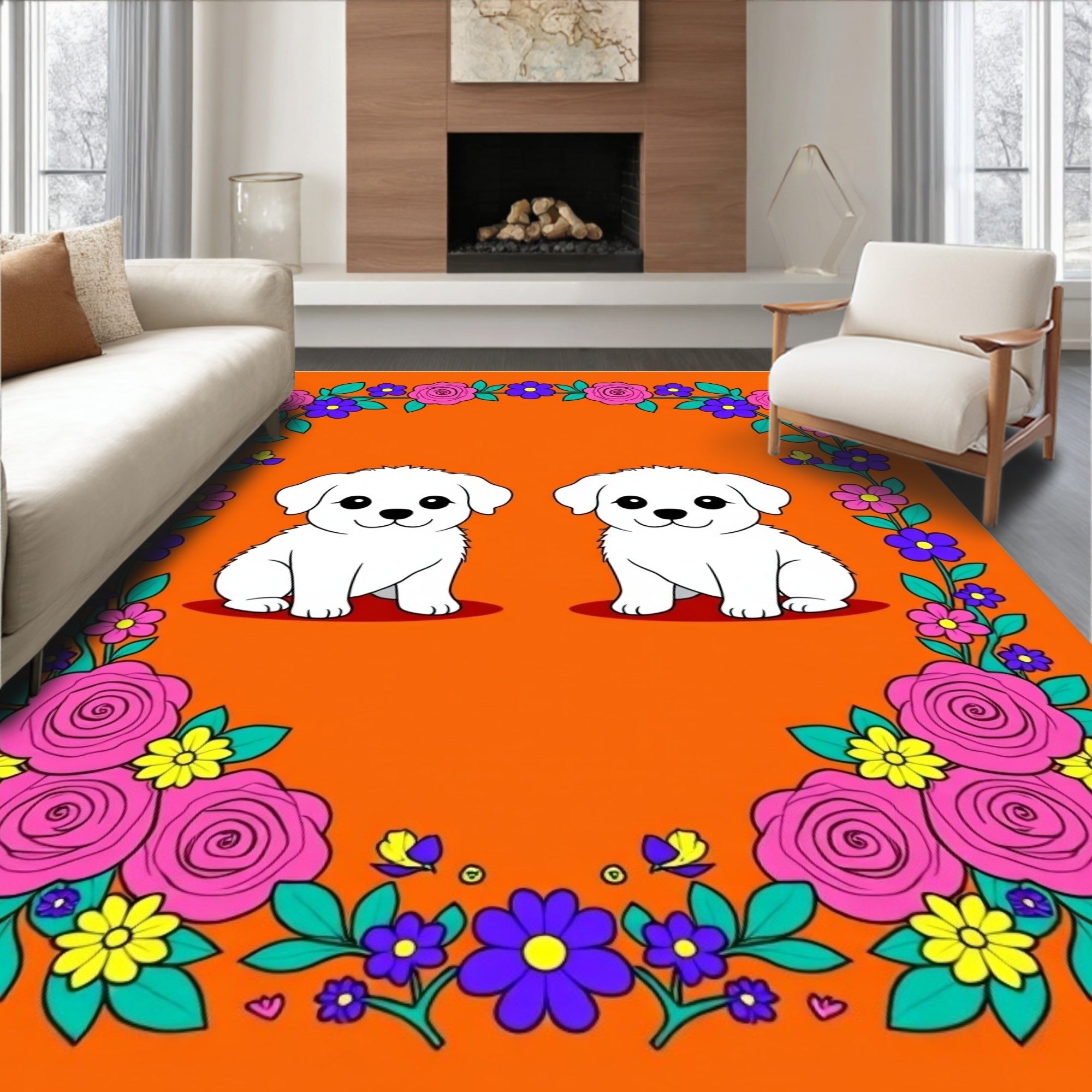 Cute White Puppies Floral Frame Rug