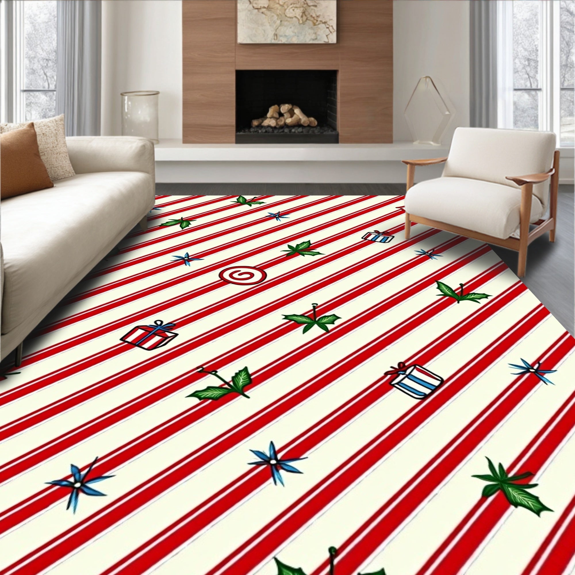 Red White Stripe Holly Gifts Rug