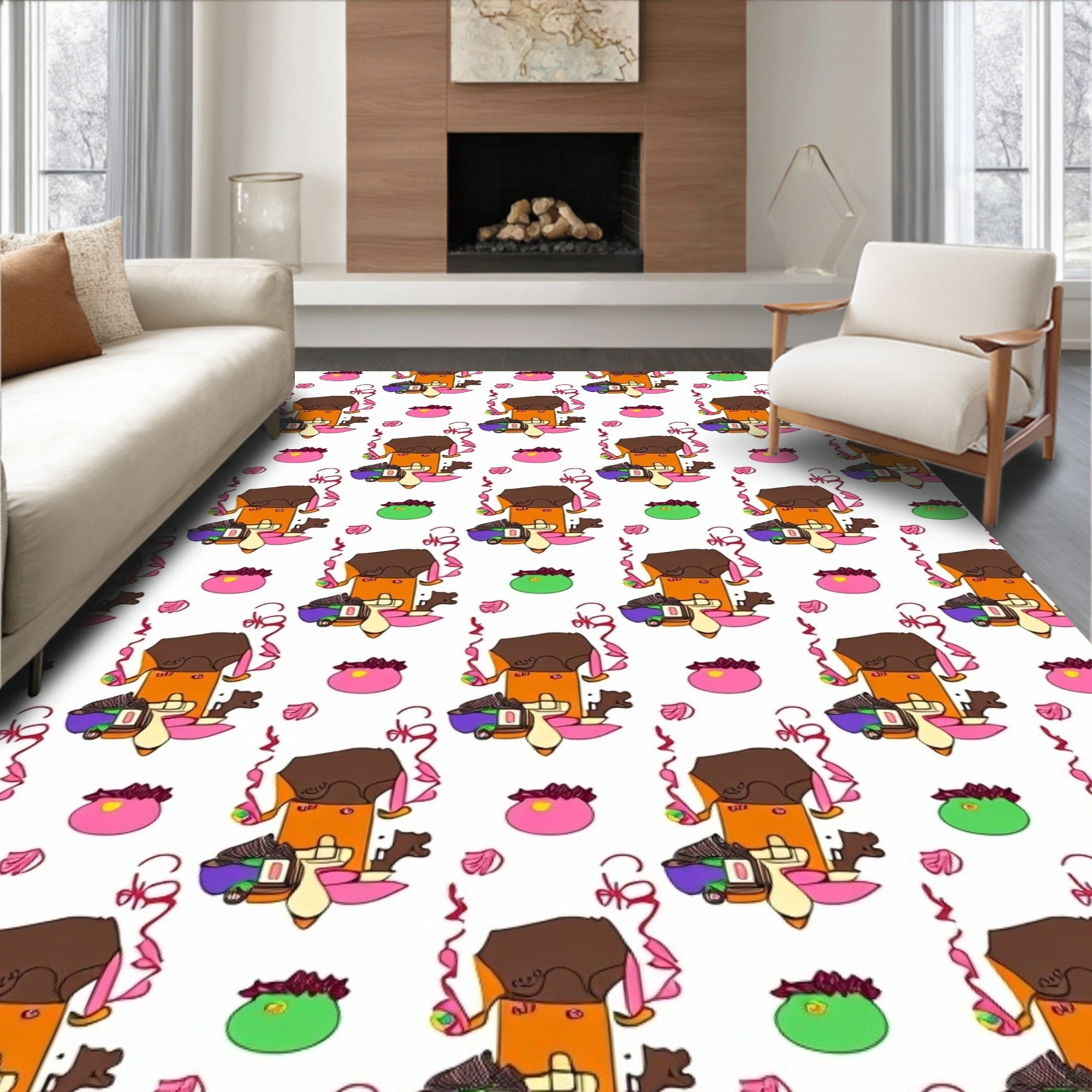 Whimsical Orange House Pink Flower Rug