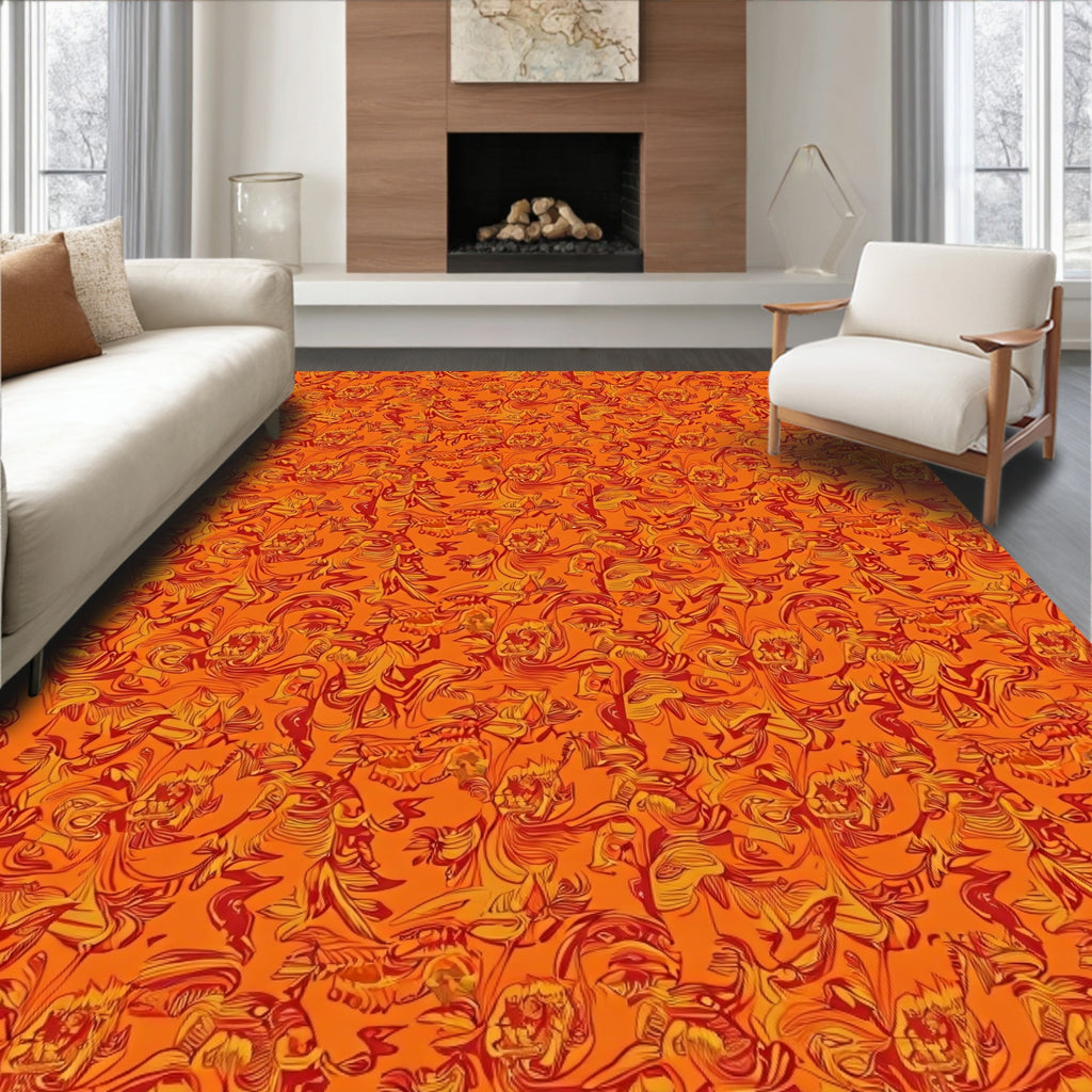 Fiery Orange Red Floral Swirls Rug