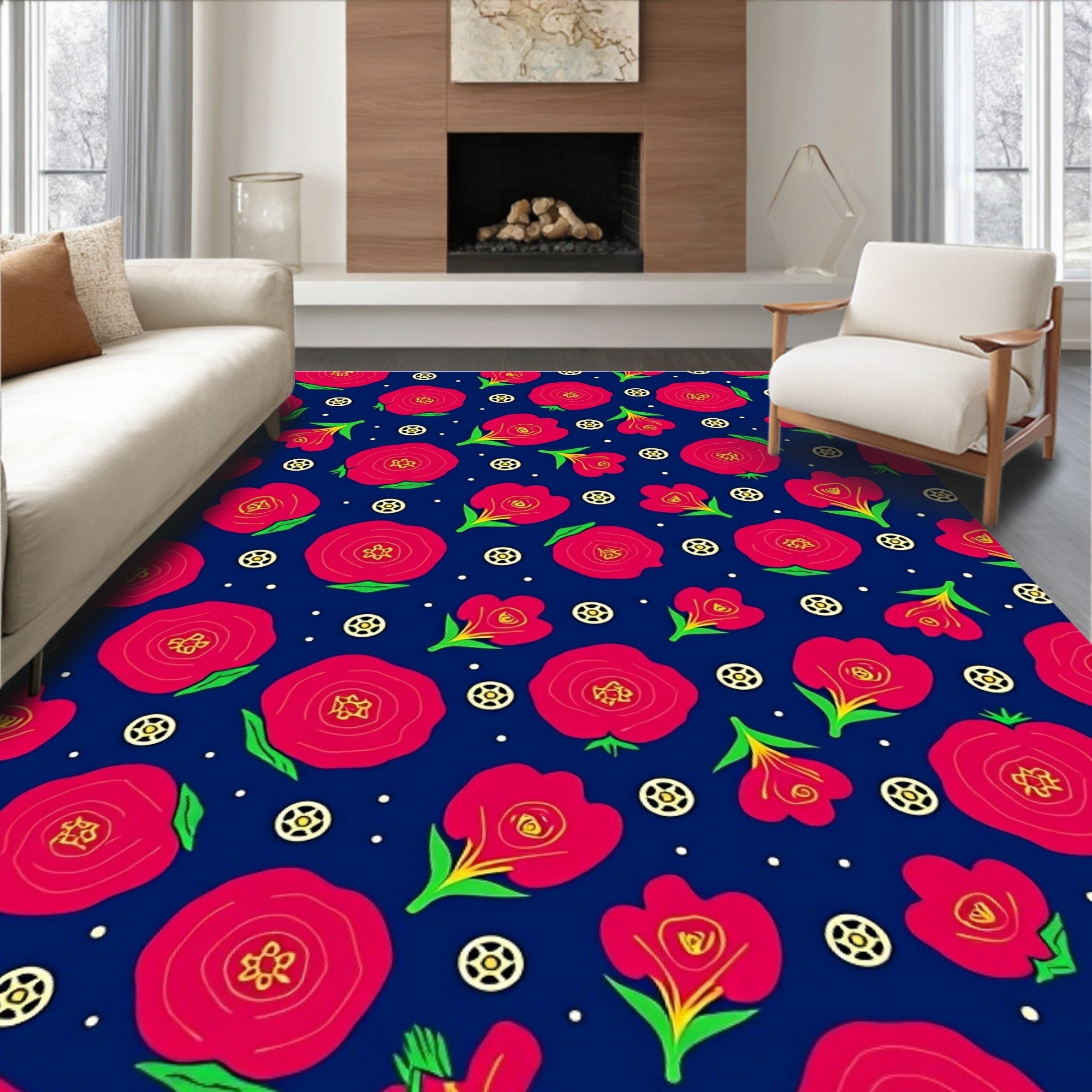 Crimson Rosebuds Scattered Blue Textile Rug