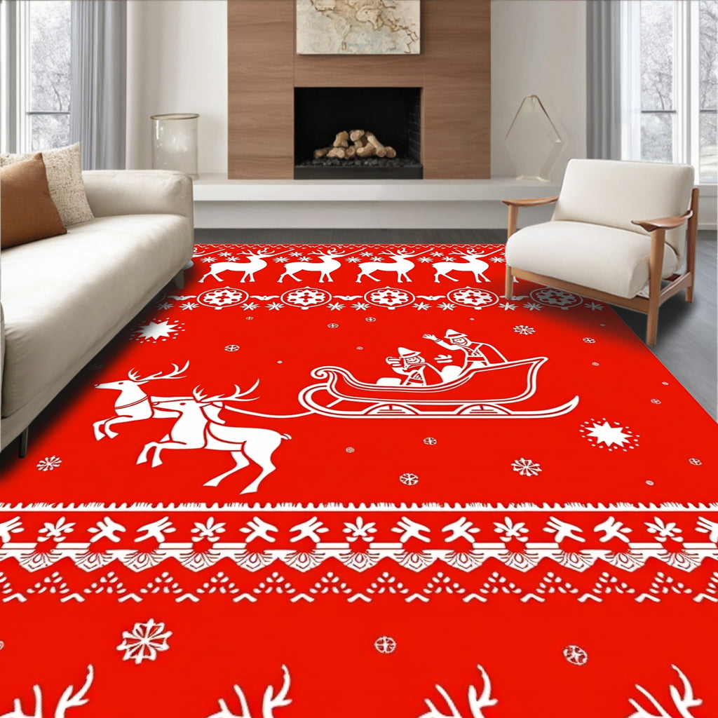 Red Festive Reindeer Sleigh Snowflakes Rug