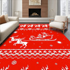 Red Festive Reindeer Sleigh Snowflakes Rug