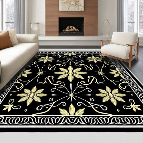 Black Gold Floral Border Medallion Rug