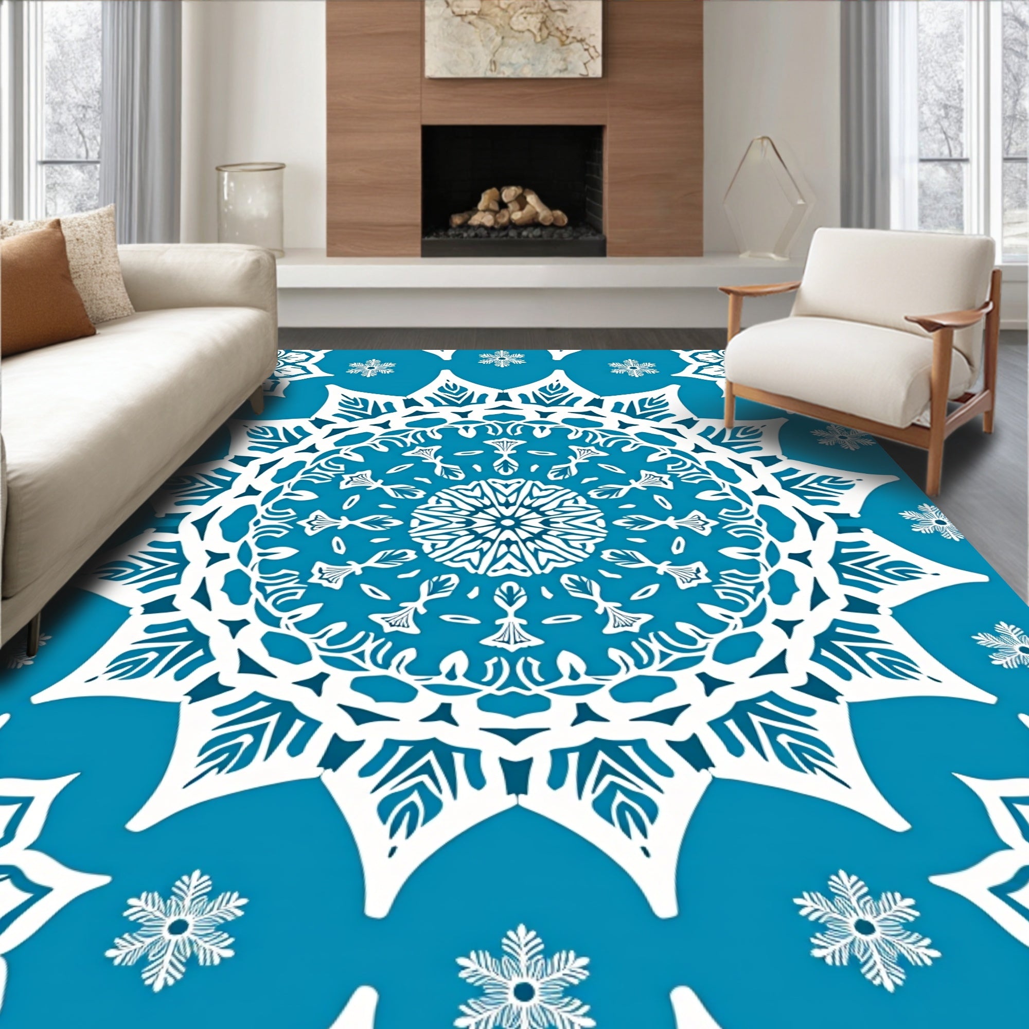 Classic Blue White Snowflake Mandala Rug