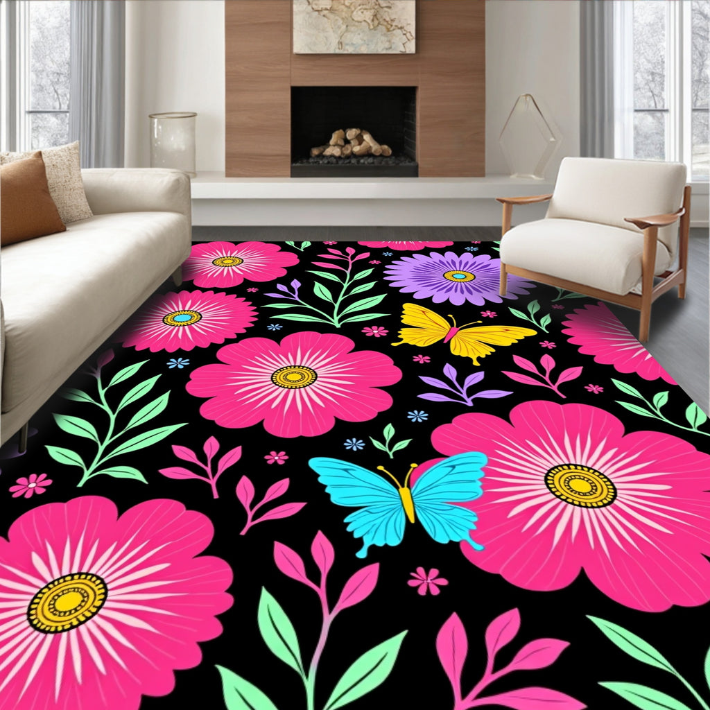 Vibrant Pink Purple Butterfly Garden Bloom Rug