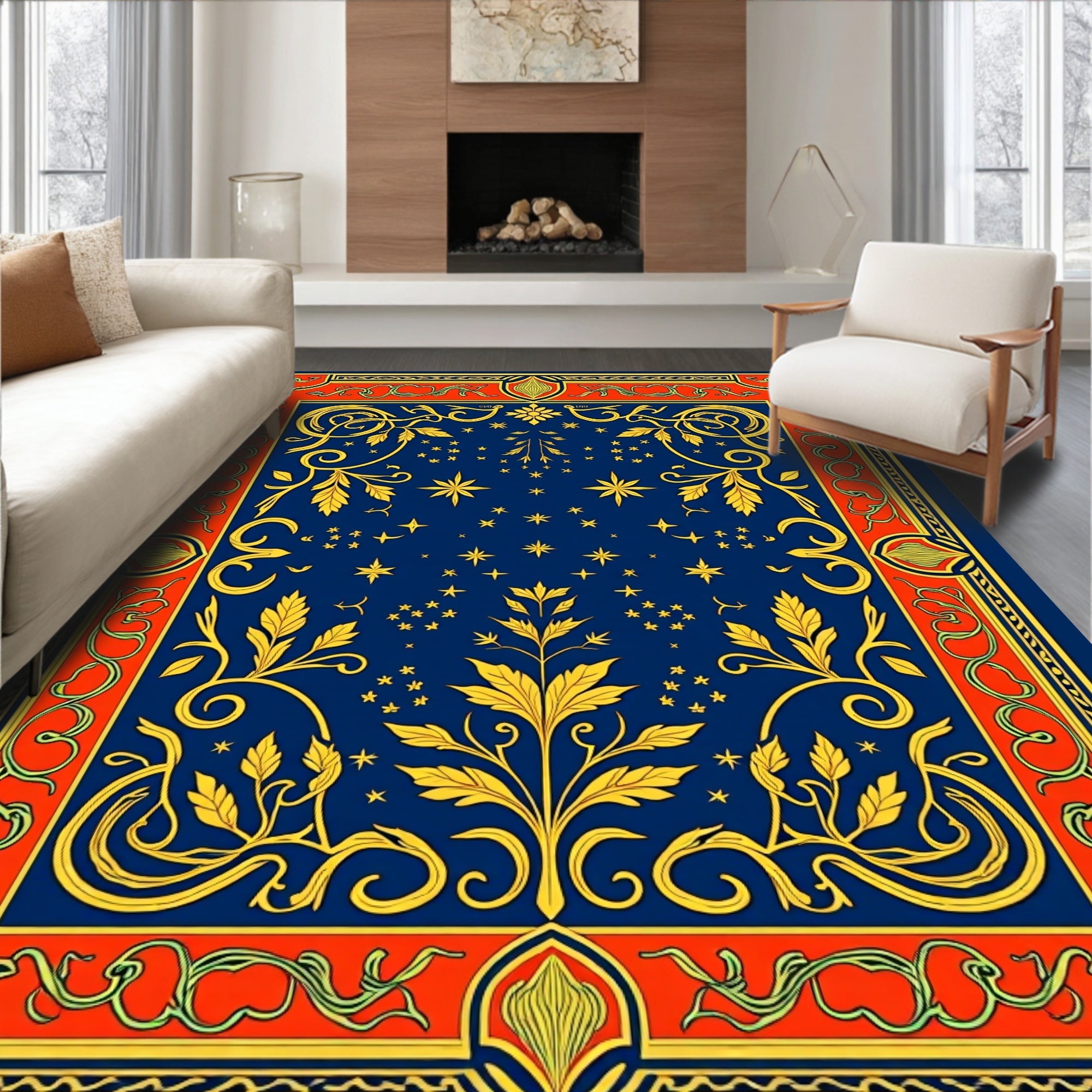 Golden Starry Night Botanical Frame Rug
