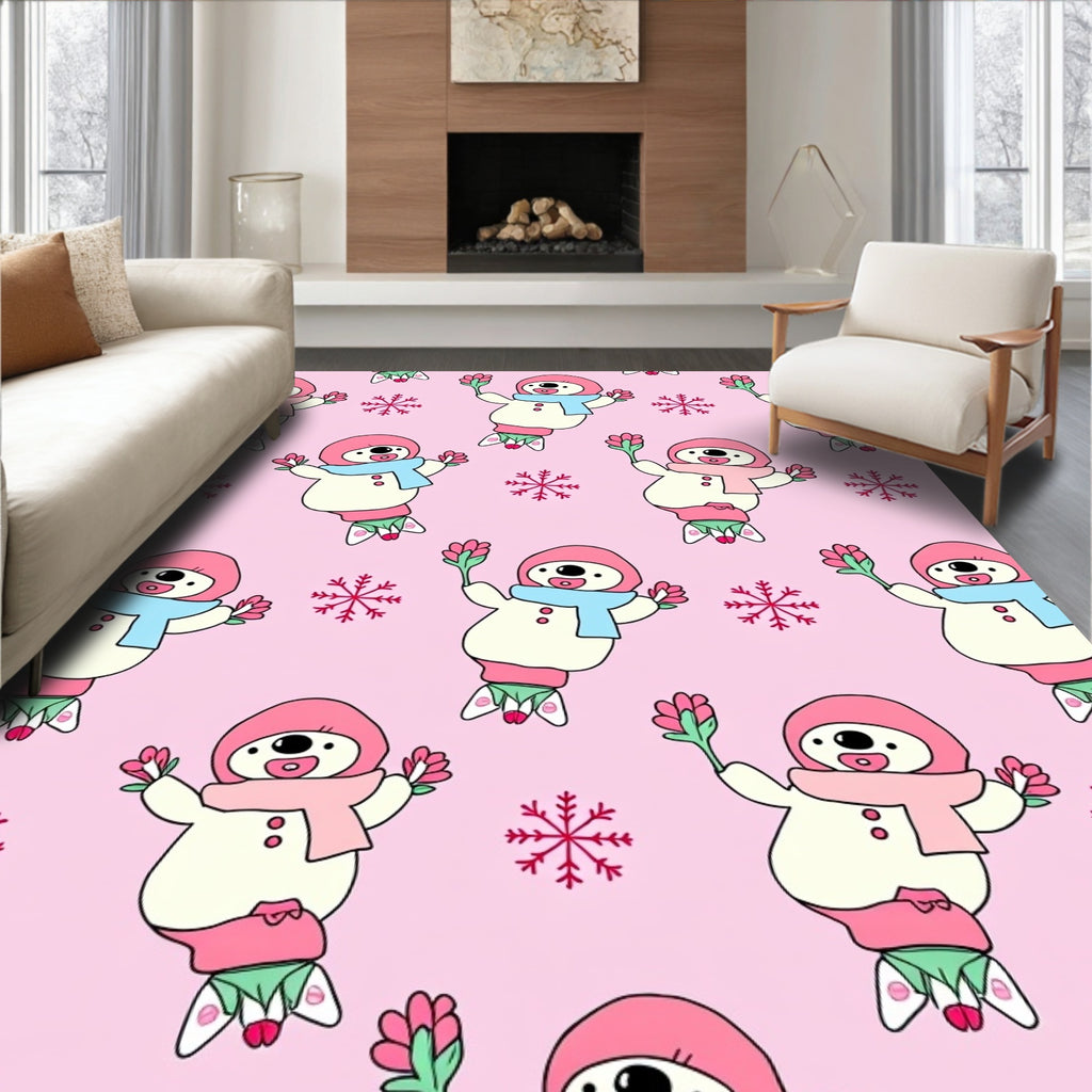 Cute Pink Snowman Snowflake Repeat Rug
