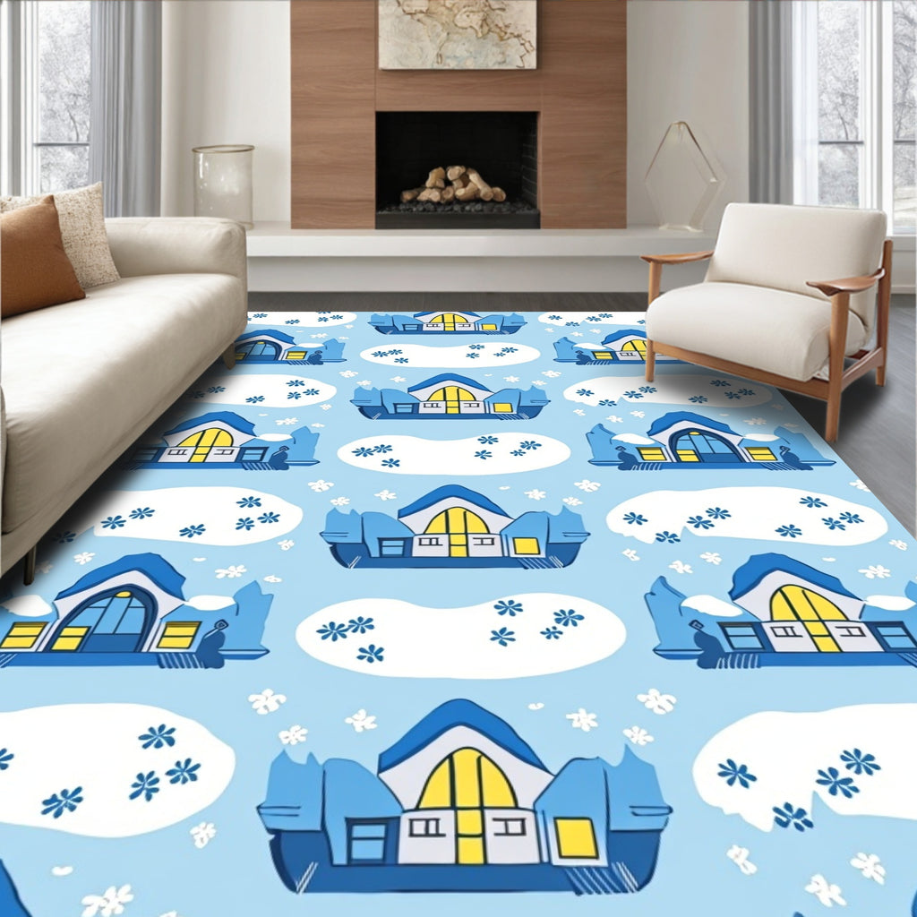Winter HousesSnowy Village Cartoon Snowflakes Rug