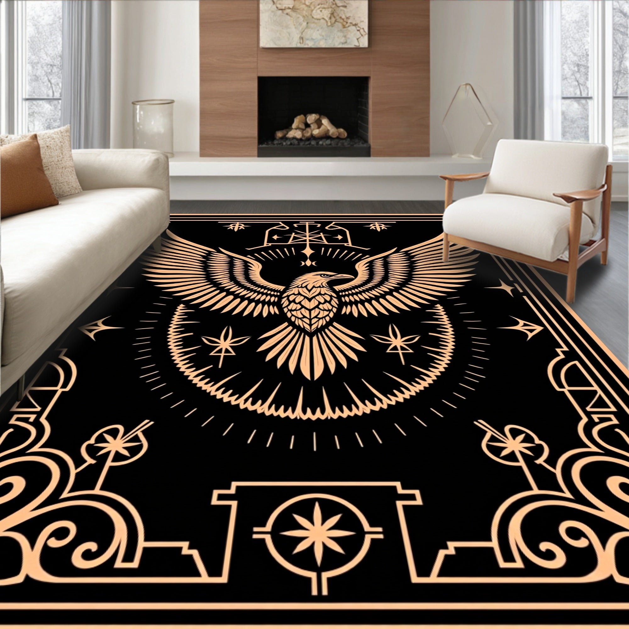 Ornate Eagle Medallion Black Gold Rug
