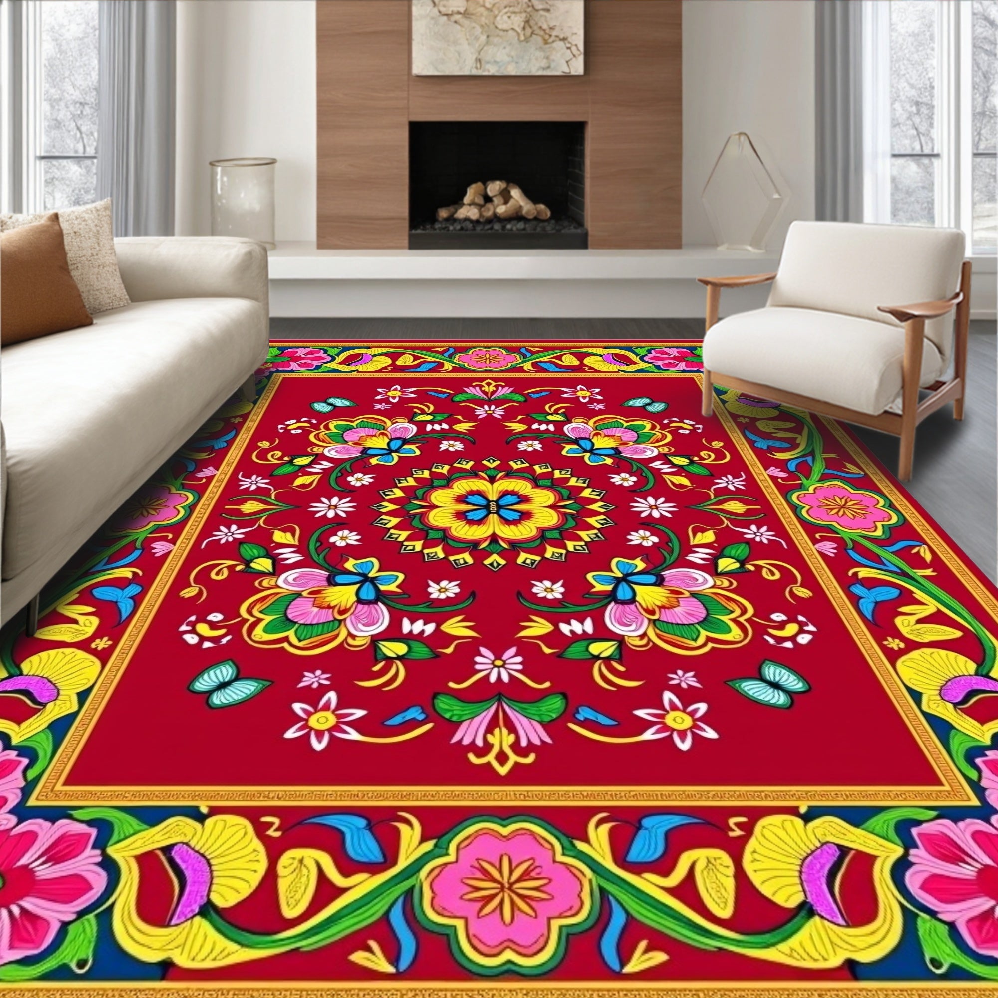 Vibrant Red Floral Butterfly Garden Rug