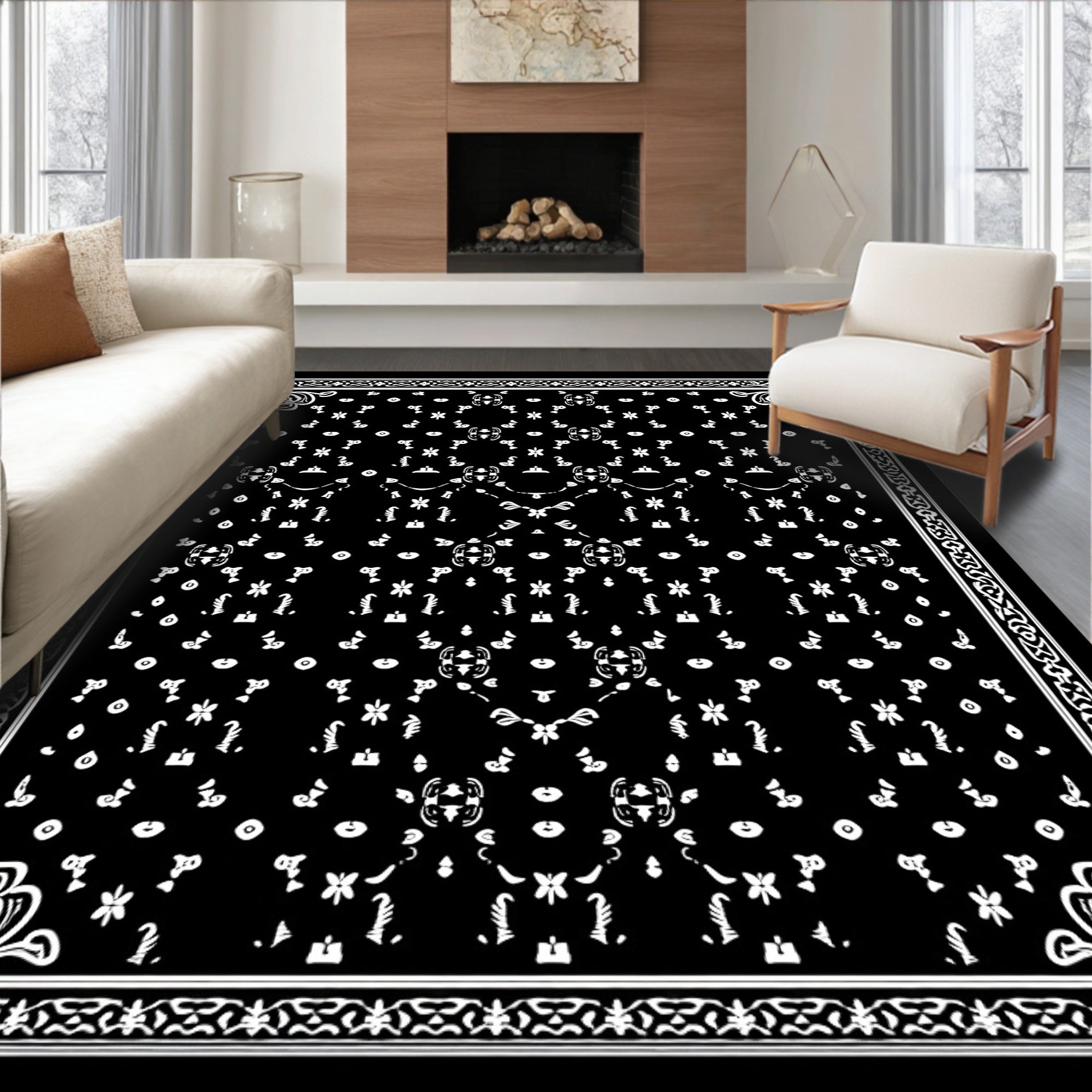Black White Scattered Floral Border Rug