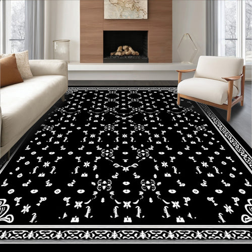 Black White Scattered Floral Border Rug
