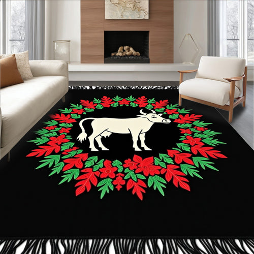 Black Cream Cow Floral Wreath Rug
