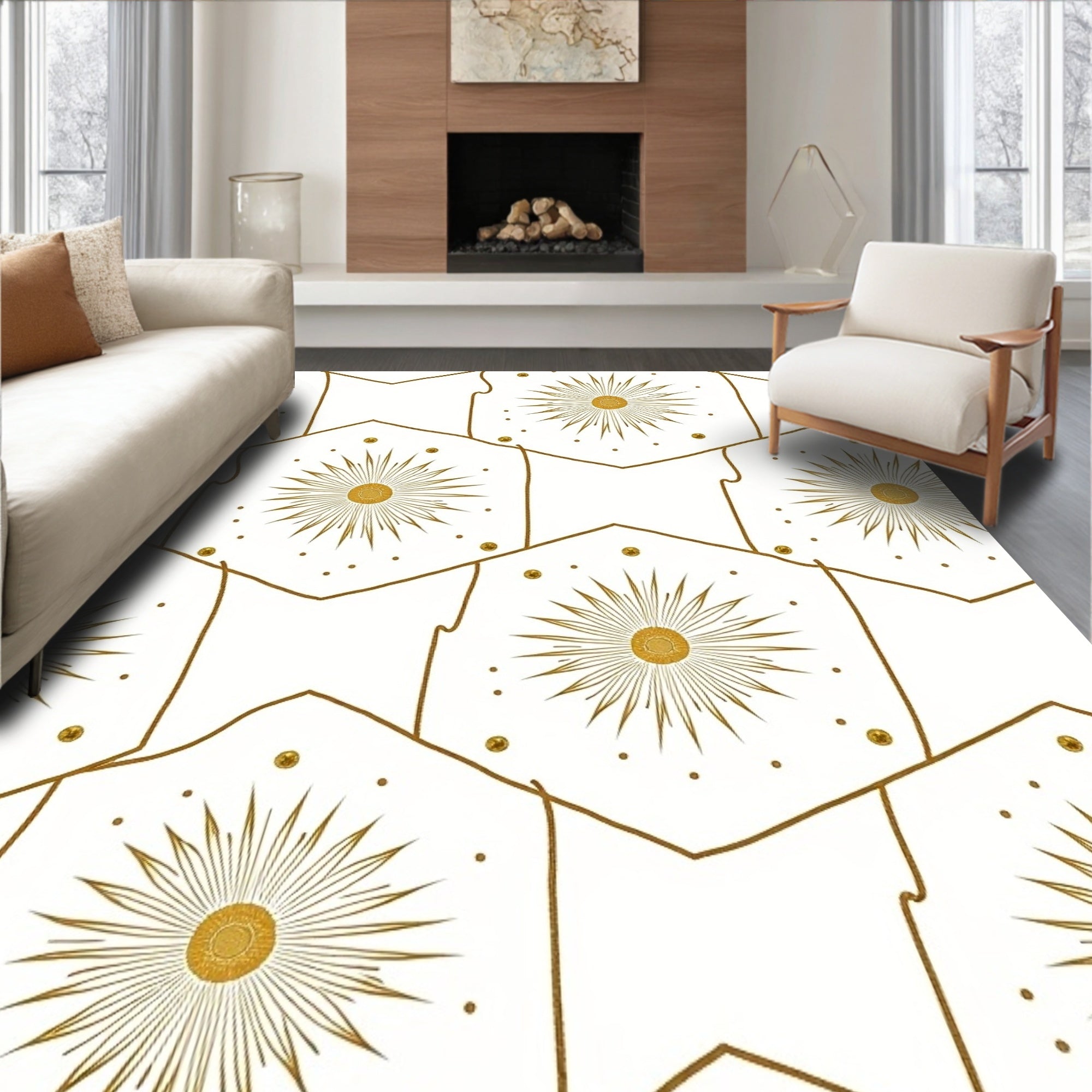 Golden Sunburst Hexagon Celestial Rug