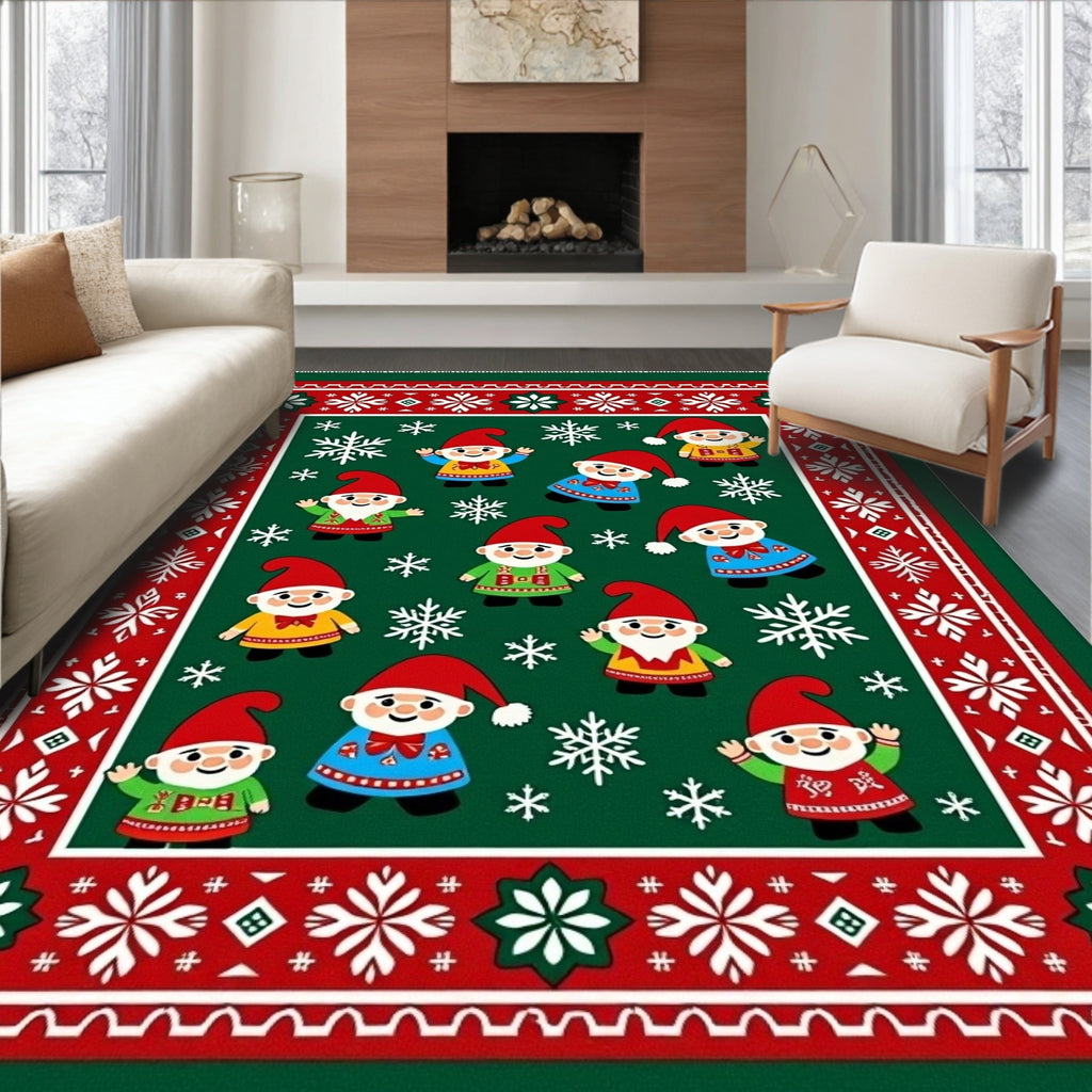 Festive Gnome Snowflakes Green Red Rug