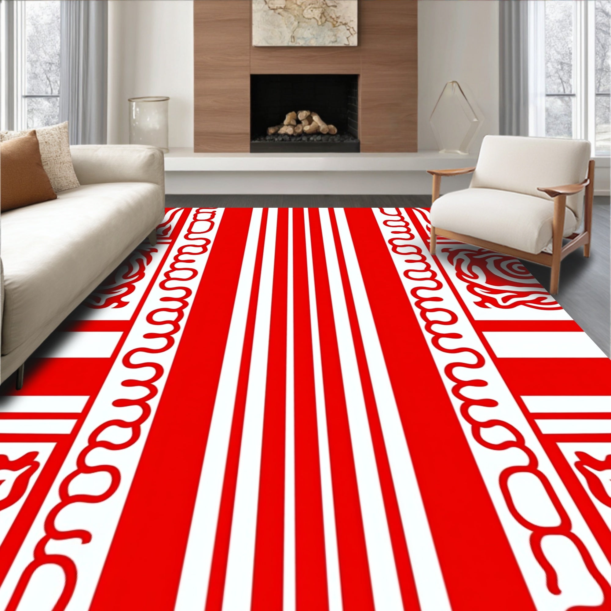 Bold Red Abstract Stripe Medallion Rug