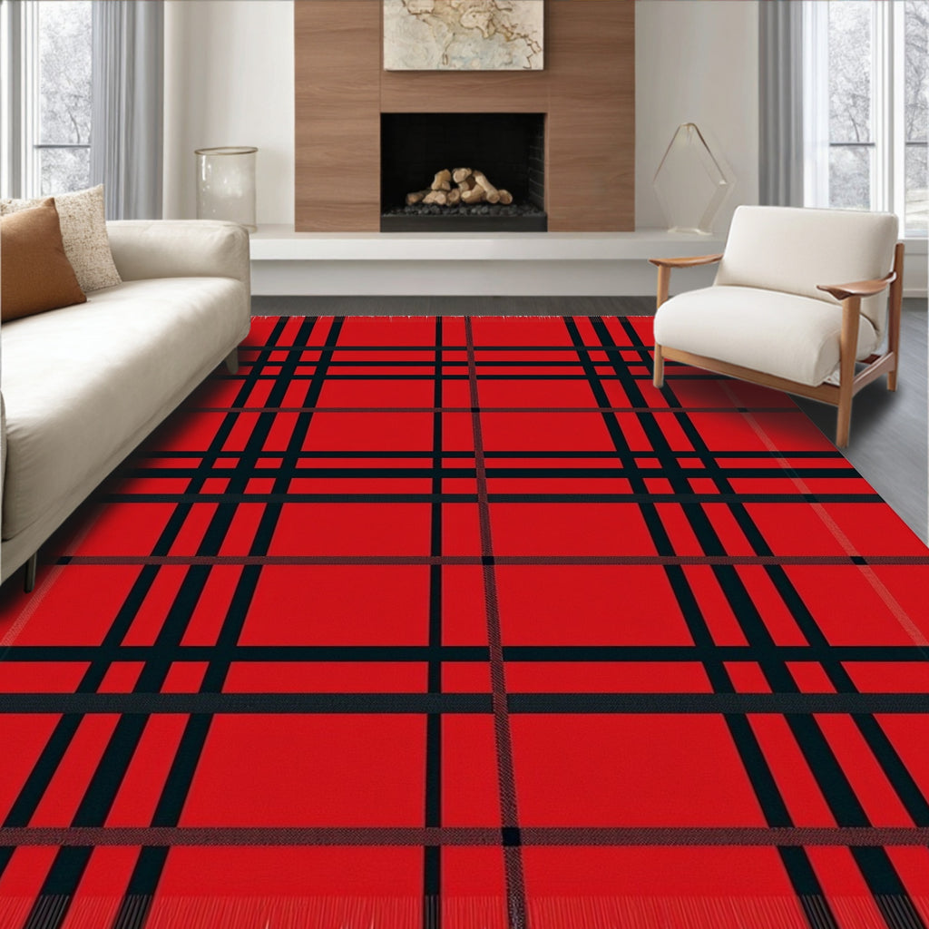 Bold Red Black Plaid Tartan Rug
