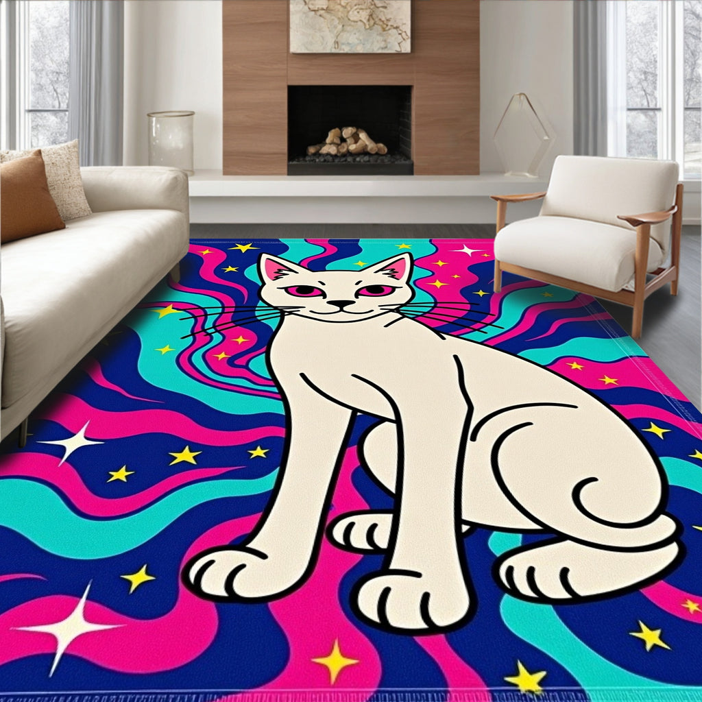 Psychedelic White Cat Starry Night Rug