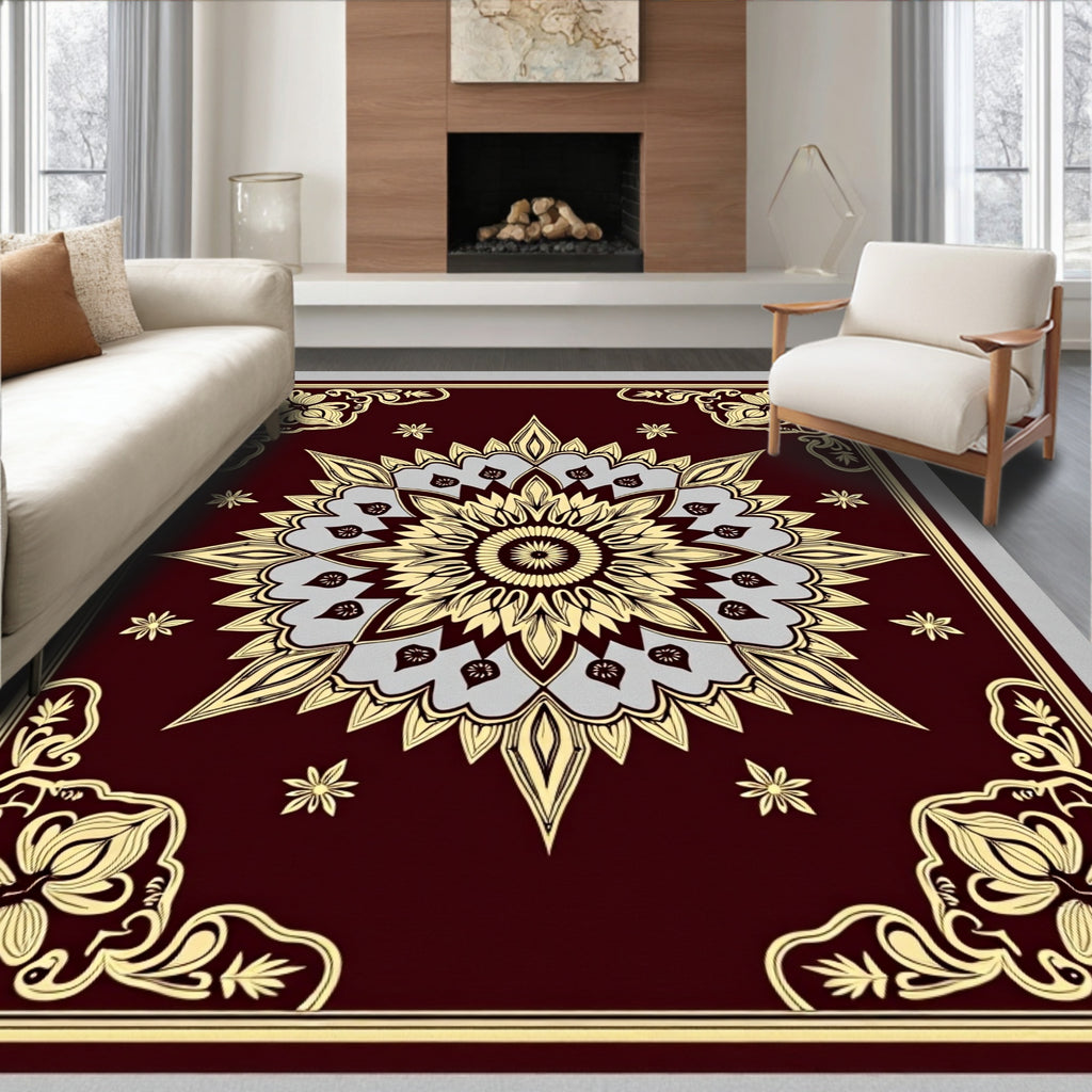 Crimson and Gold Floral Starburst Rug