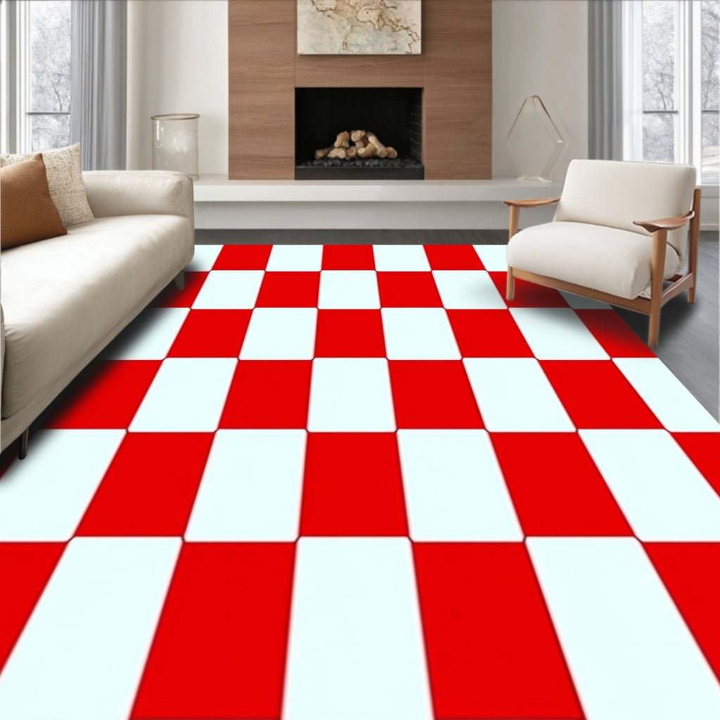 Bold Red White Checkerboard Squares Rug