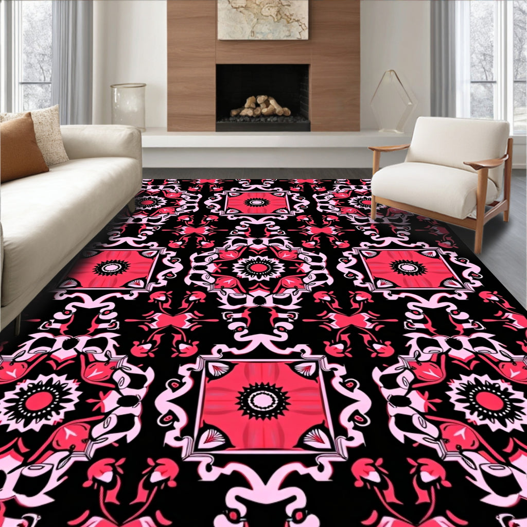 Crimson Pink Floral Medallion Square Rug