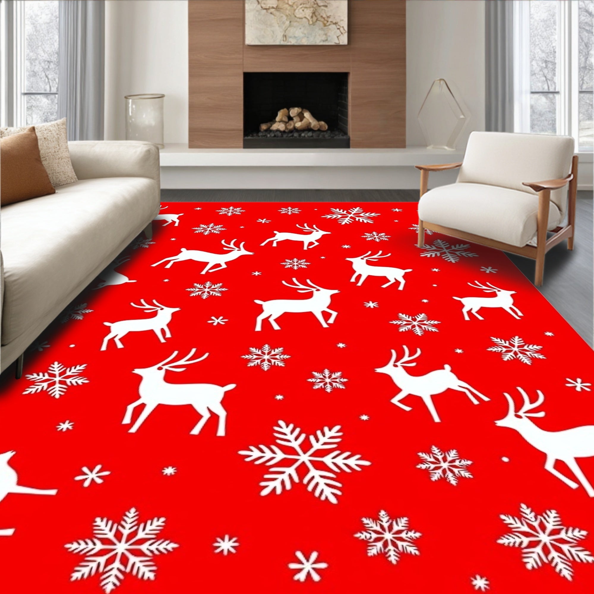 Red White Reindeer Snowflakes Christmas Rug