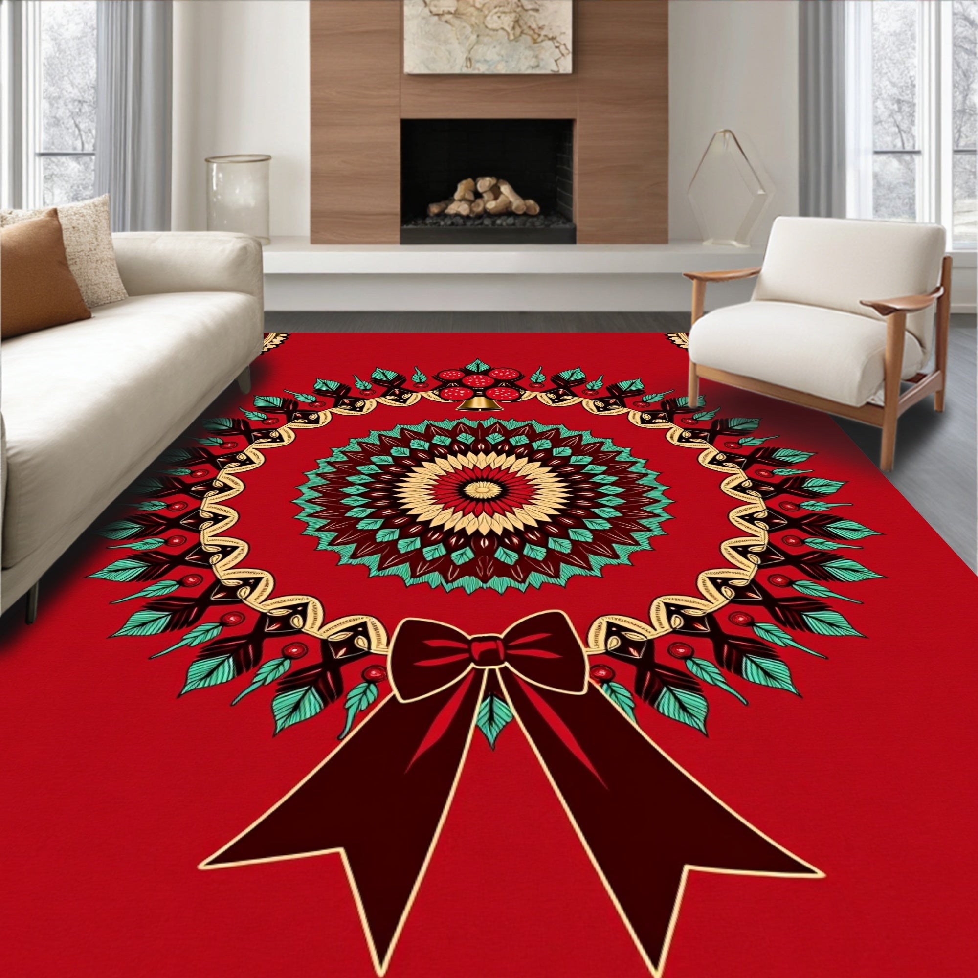 Festive Red Mandala Wreath Bow Rug