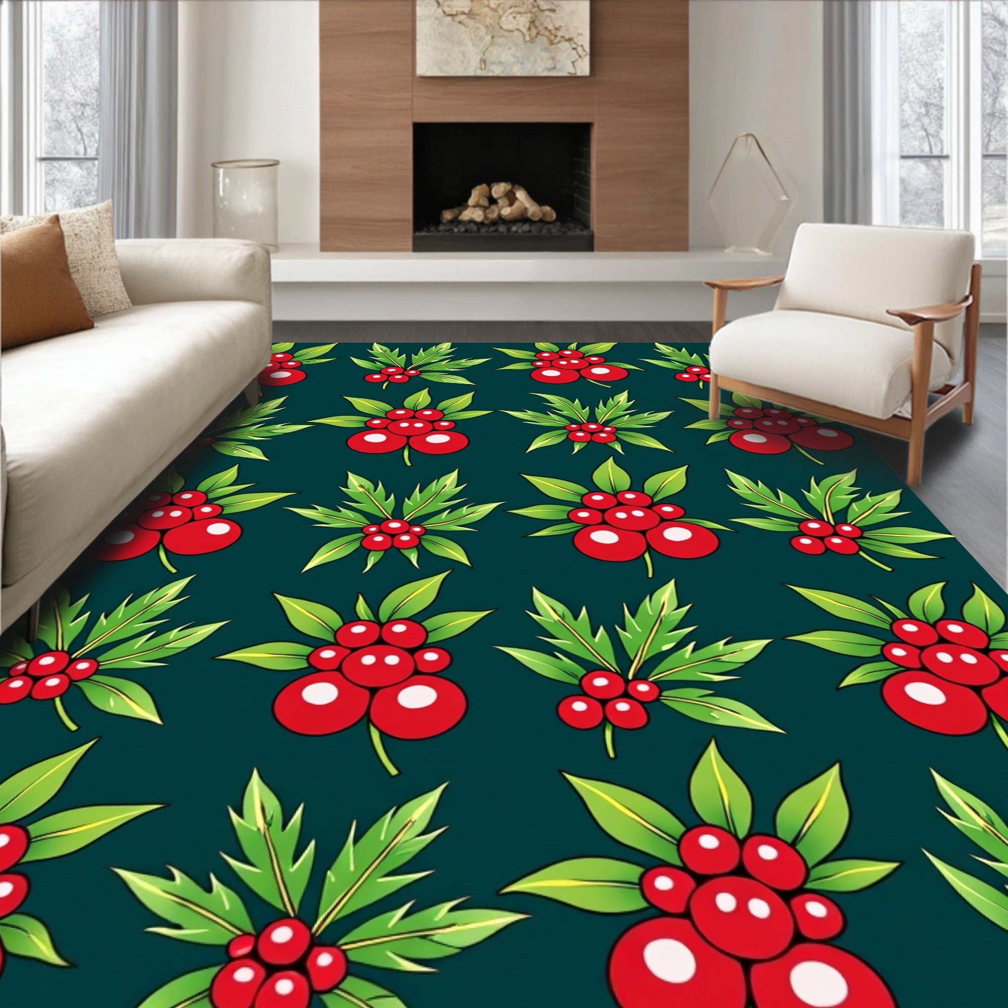 Christmas Red Holly Berry Foliage Rug