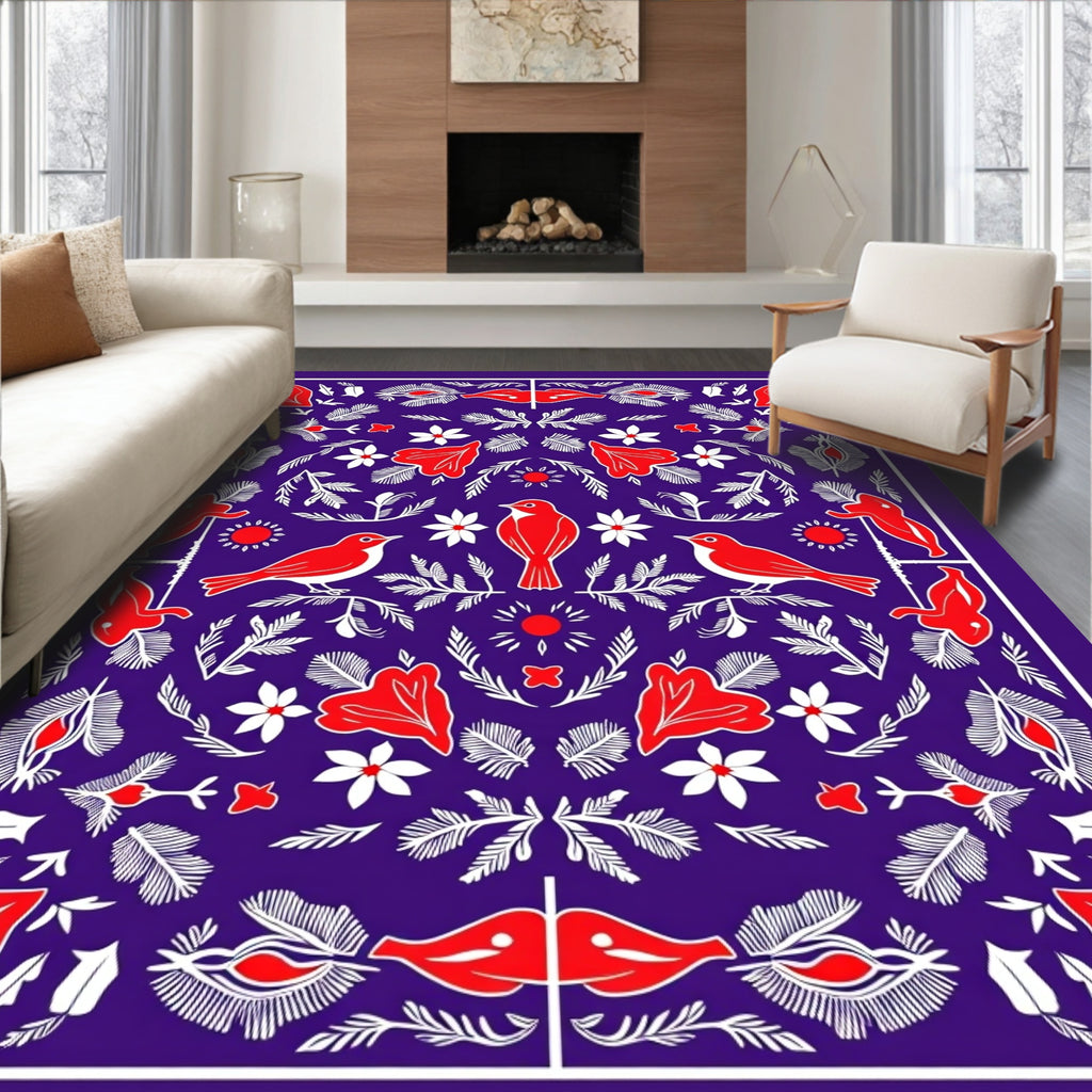 Red Birds and Flowers on Purple Ground Rug