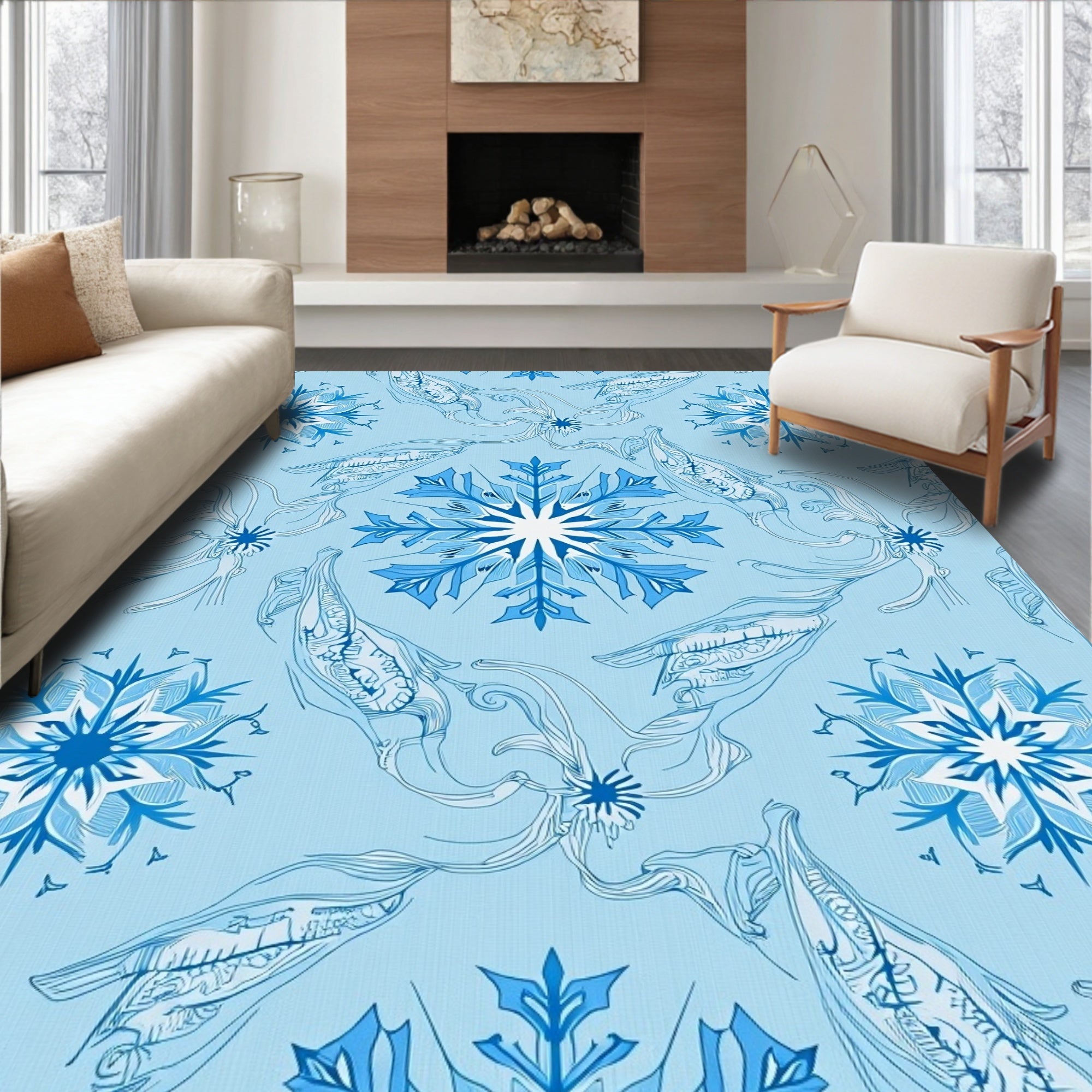 Winter Blue Snowflake Swirl Rug